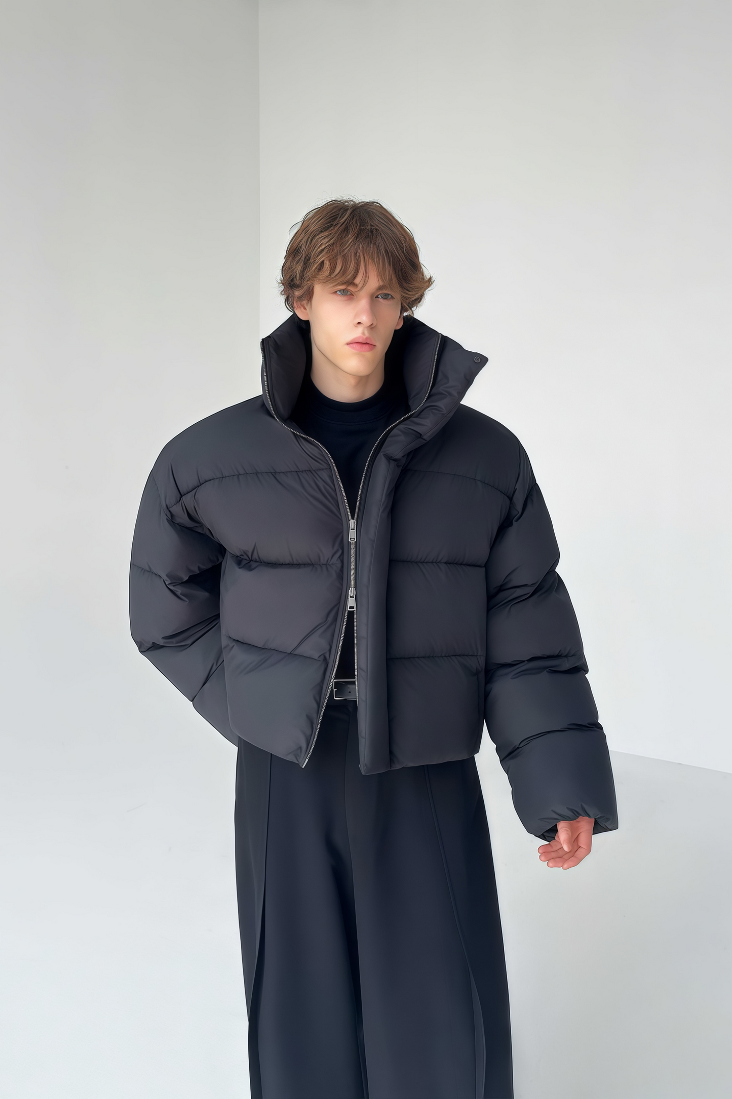 Samuel black high-neck standing-collar cropped jacket