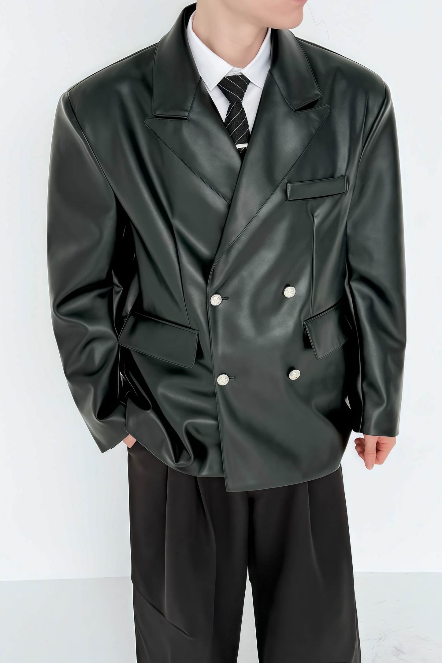 Elio black double-breasted leather jacket