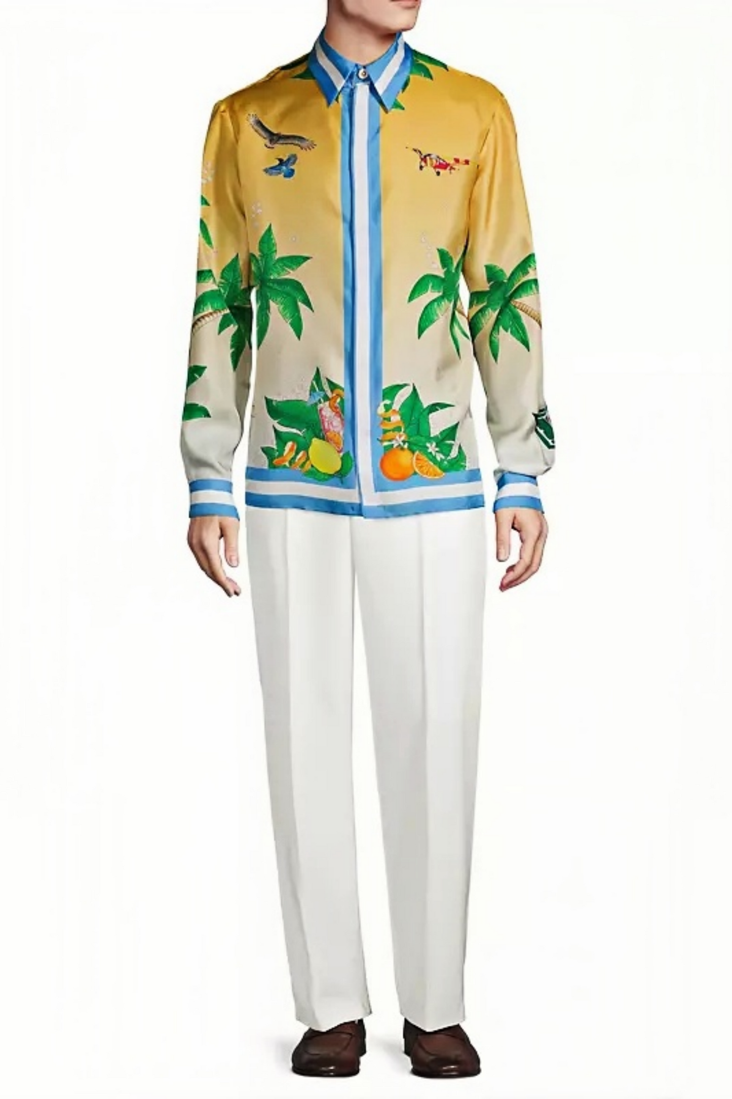 Pierre yellow tropical print long-sleeve shirt