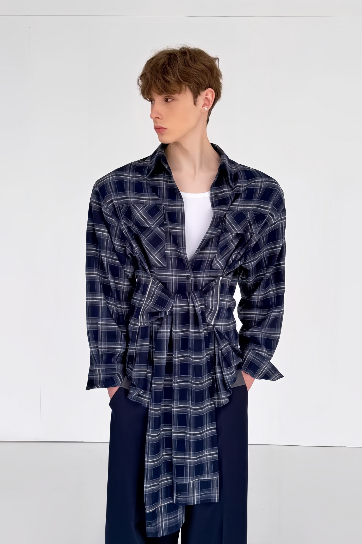 Maxime Blue Plaid-pattern Ribbon-design Shirt