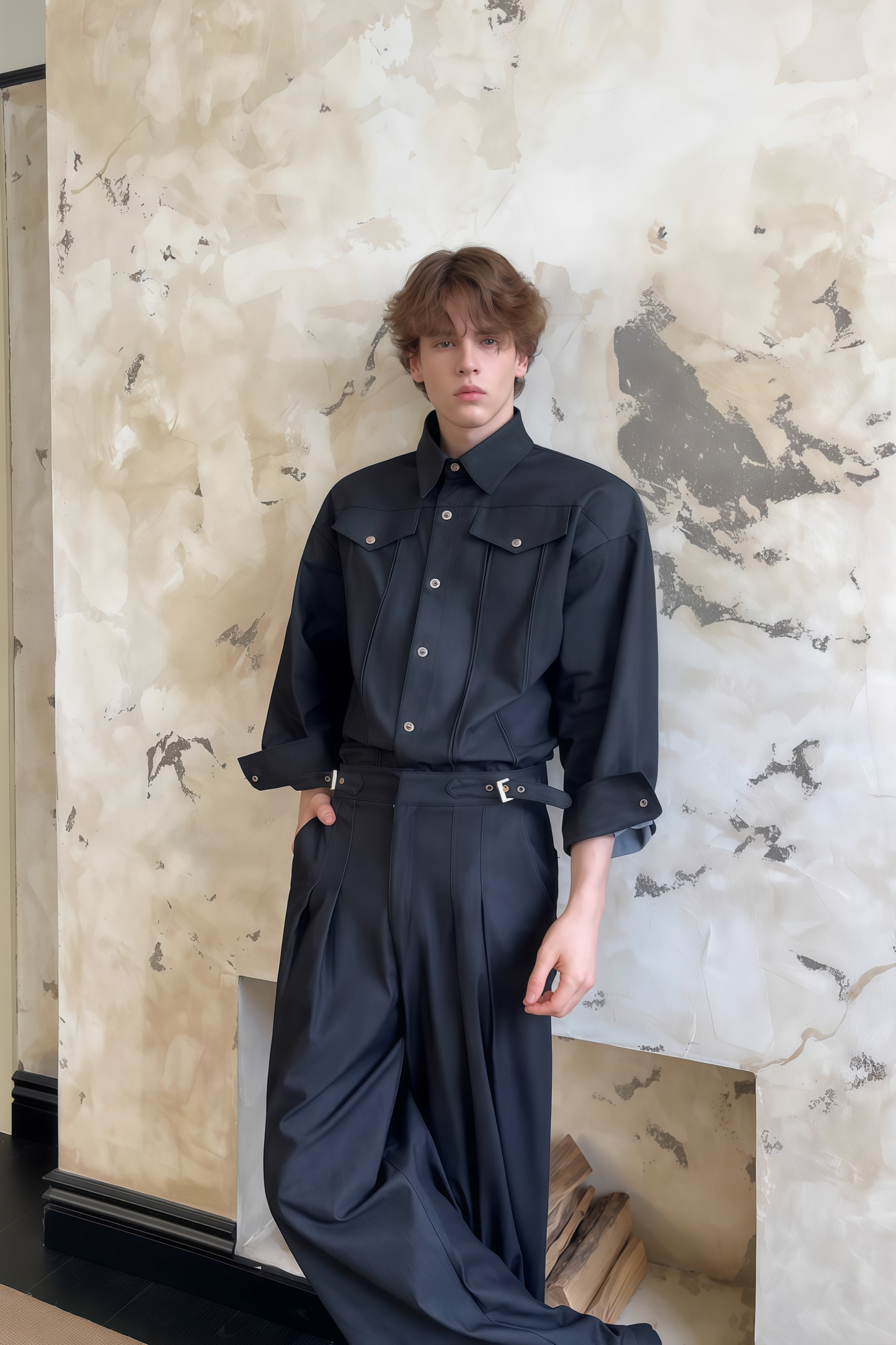 Ellis black denim shirt & trousers matching set