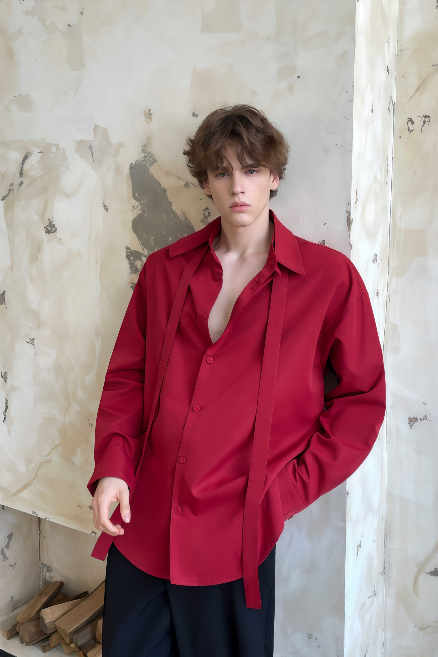 Nicolas red tie-strap-collar shirt