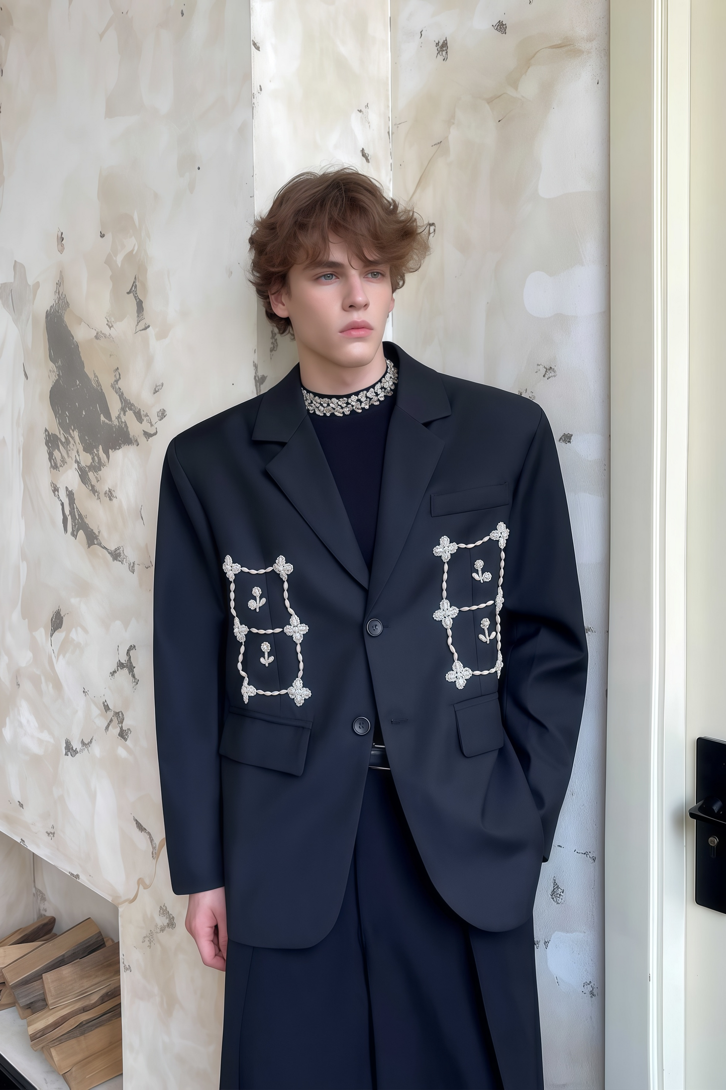 Caspian black faux-pearl embellished blazer