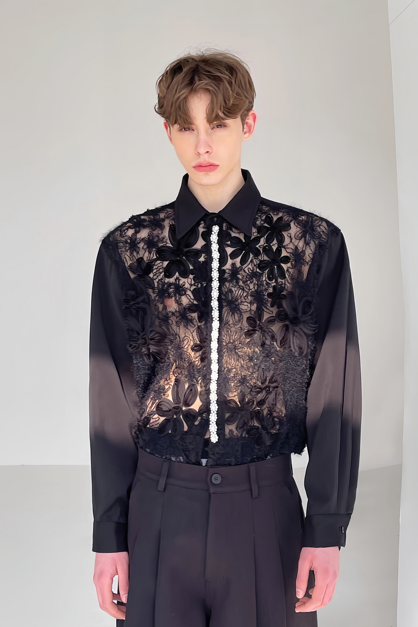 Eden black floral aux-pearl embellishment shirt