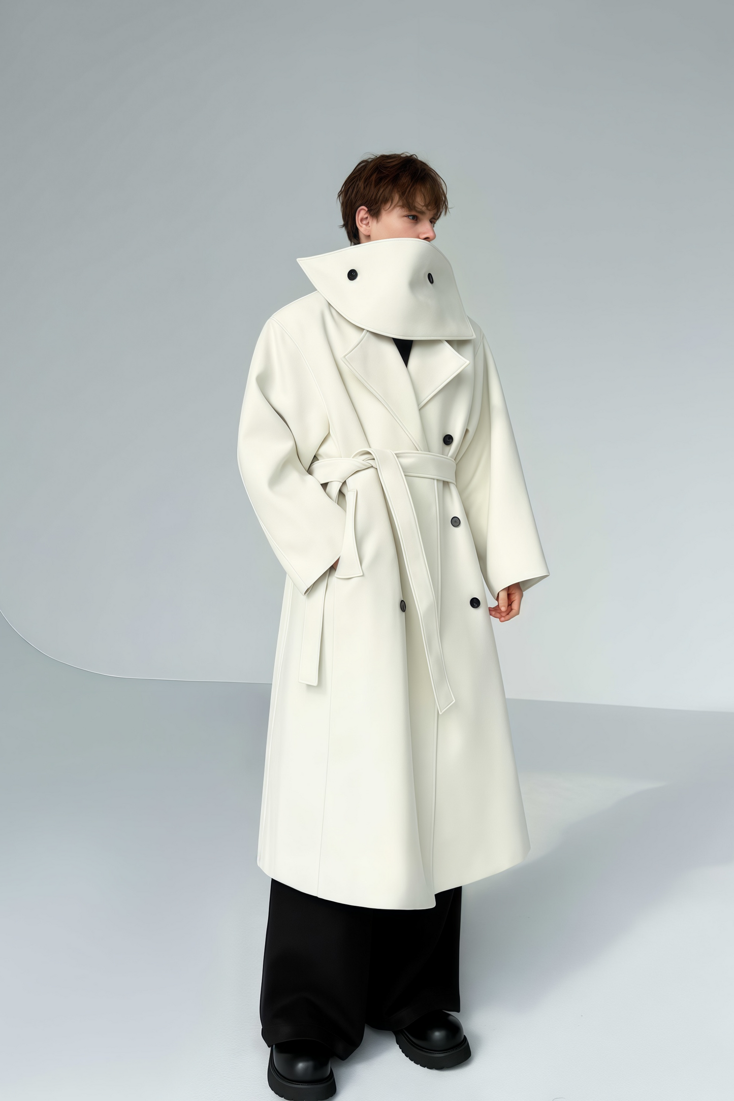 Eugene white detachable-scarf maxi coat