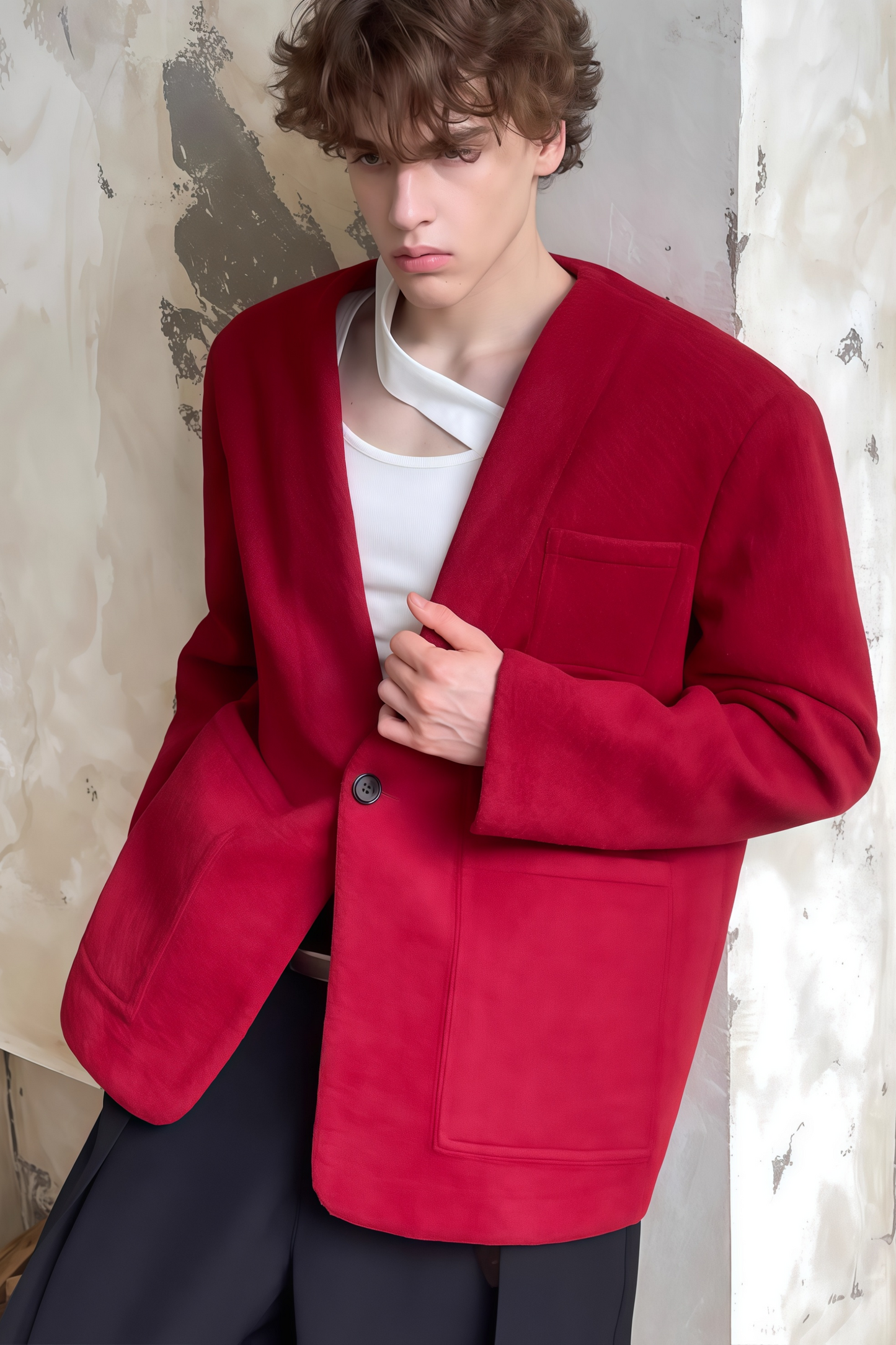 سترة فينسنت حمراء بدون ياقة