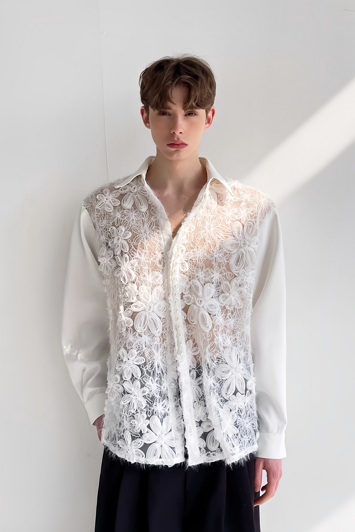 Eden white floral faux-pearl embellishment shirt