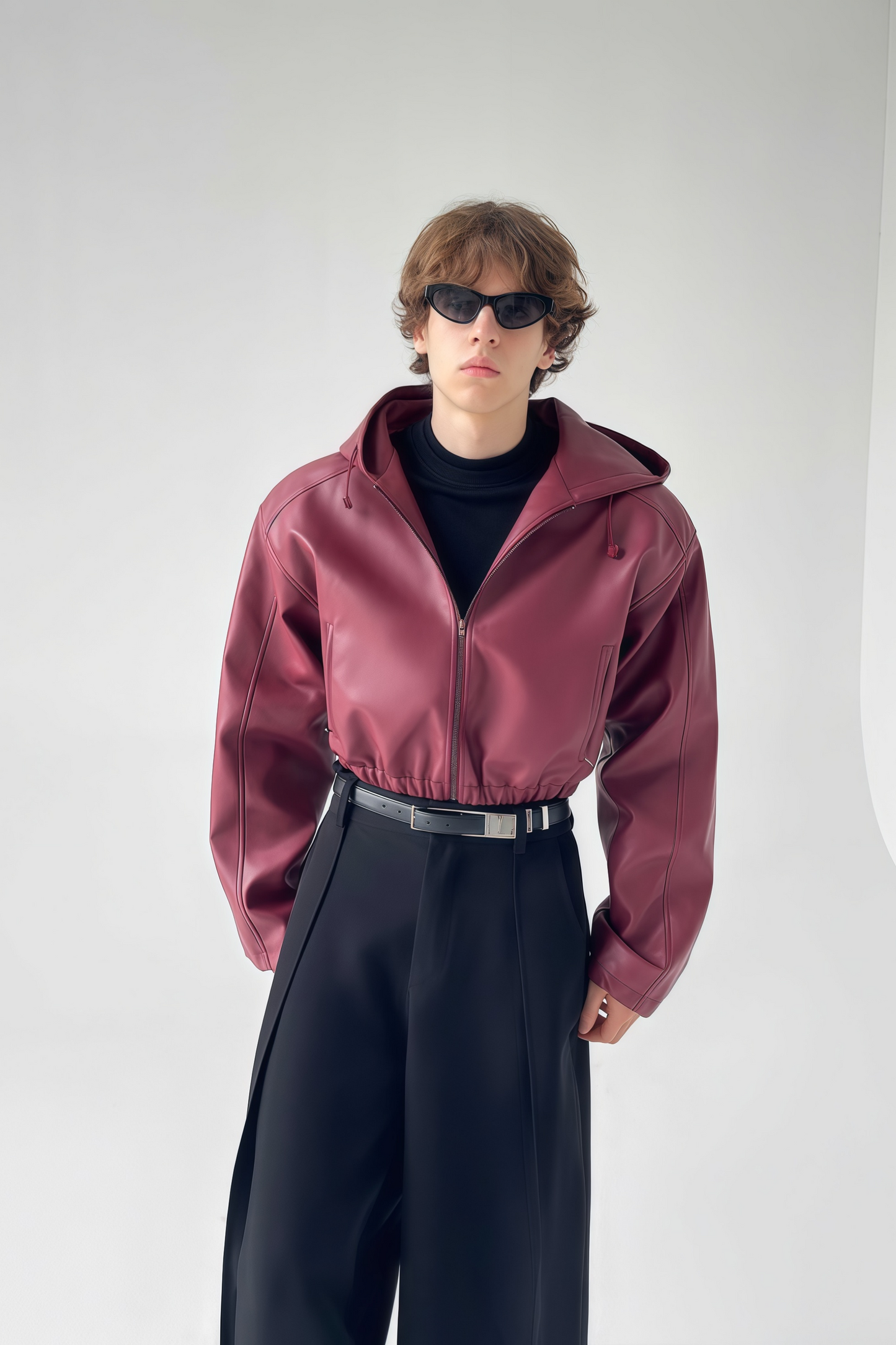 Drake wine-red cropped leather jacket