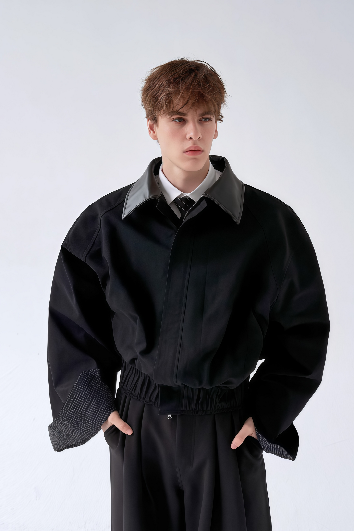 Ragnar black patchwork-collar large-cuff cropped jacket