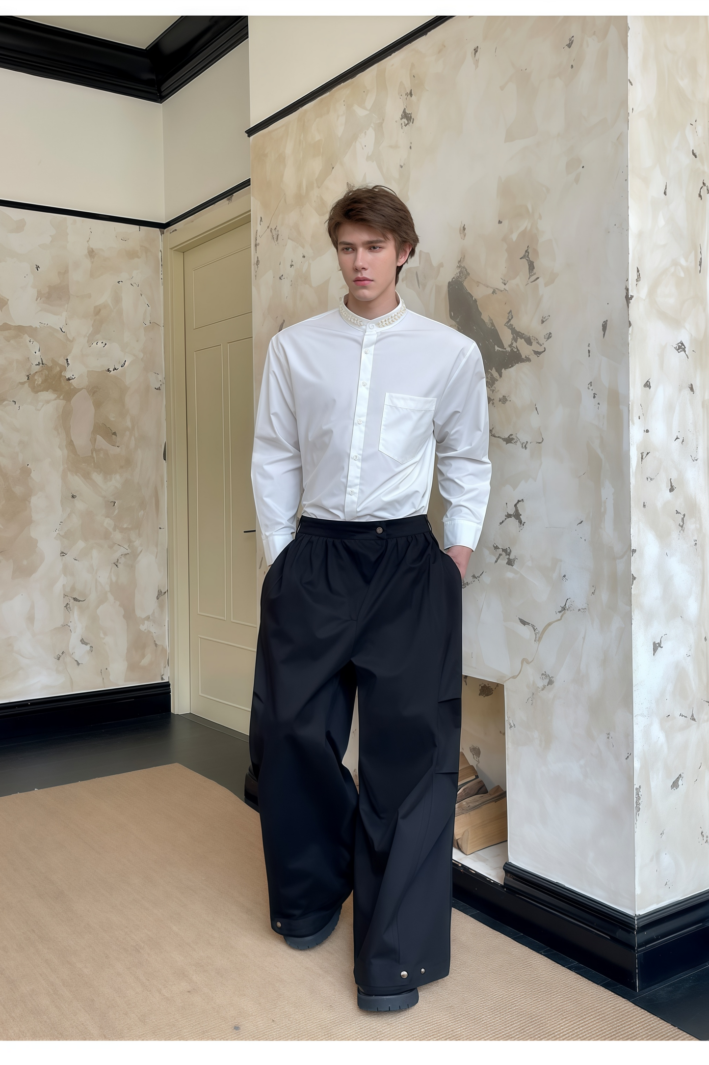 Pierre black pleated wide-leg trousers