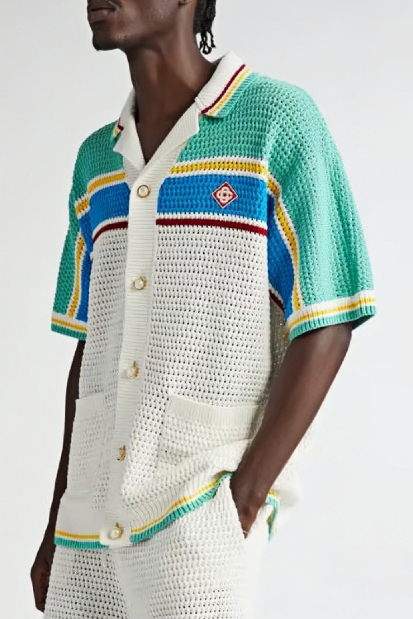 Ken white striped knit short-sleeved cardigan