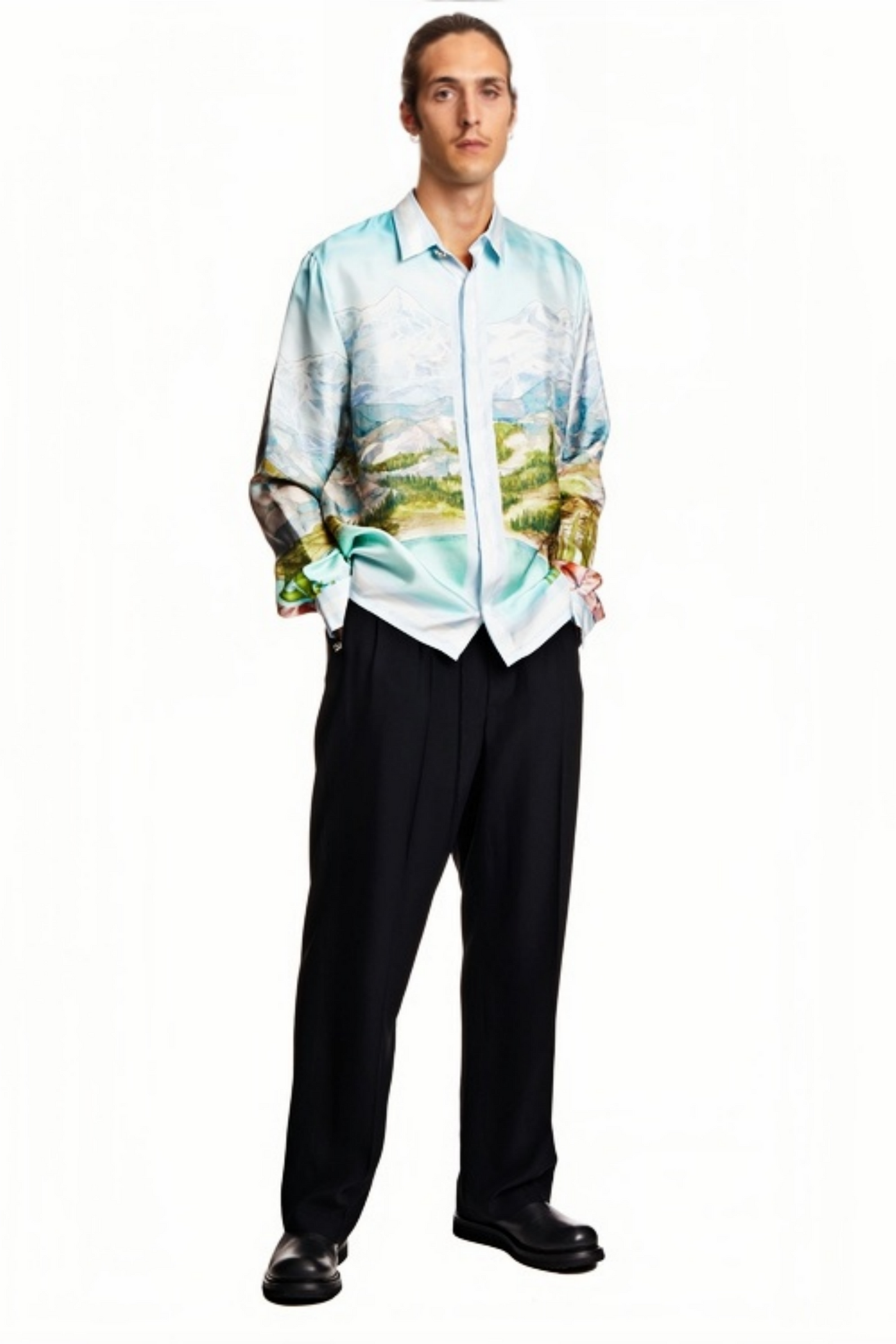 Nathan light blue landscape print long-sleeve shirt