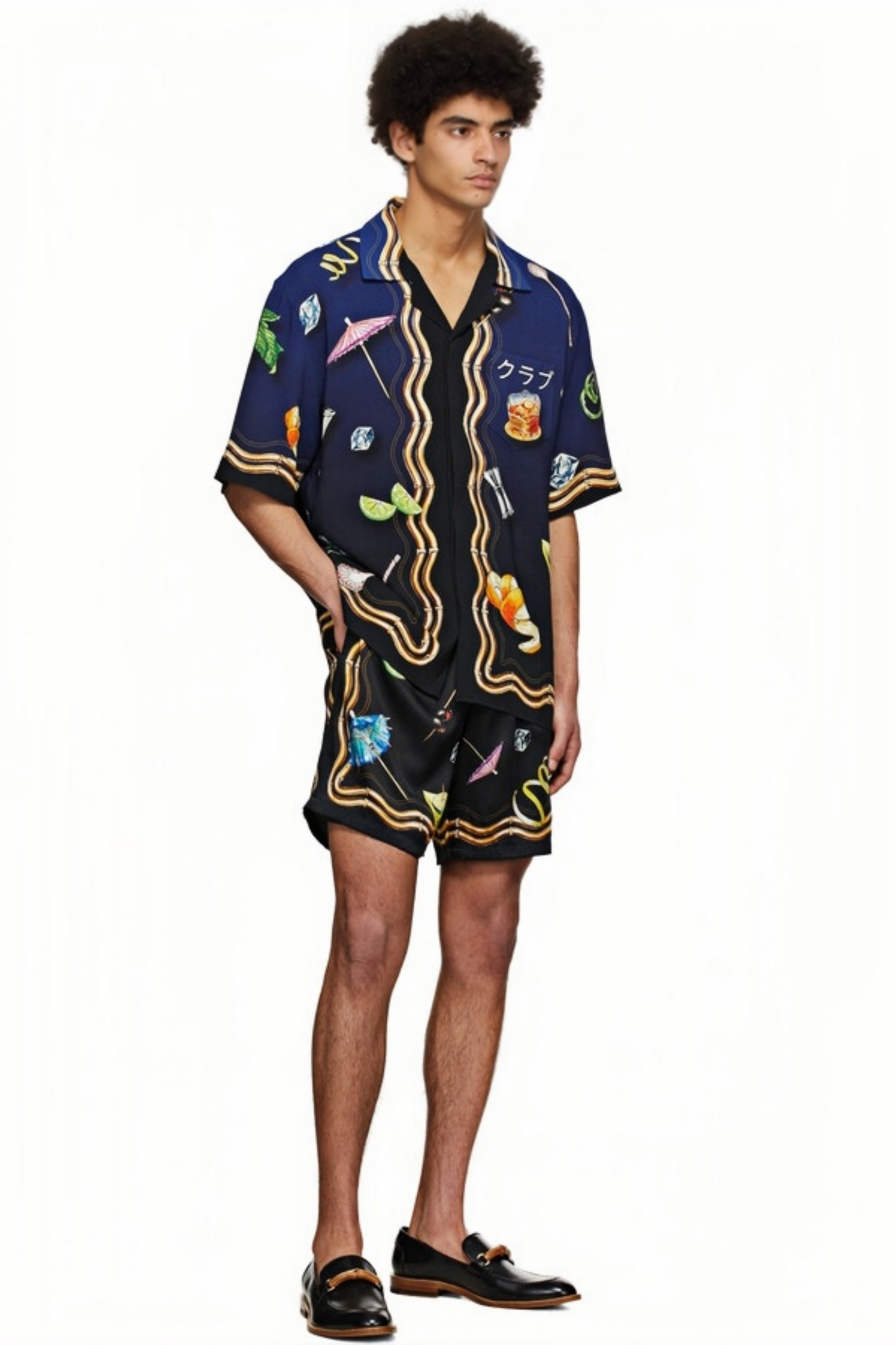 Derek dark blue wavy print short-sleeve shirt