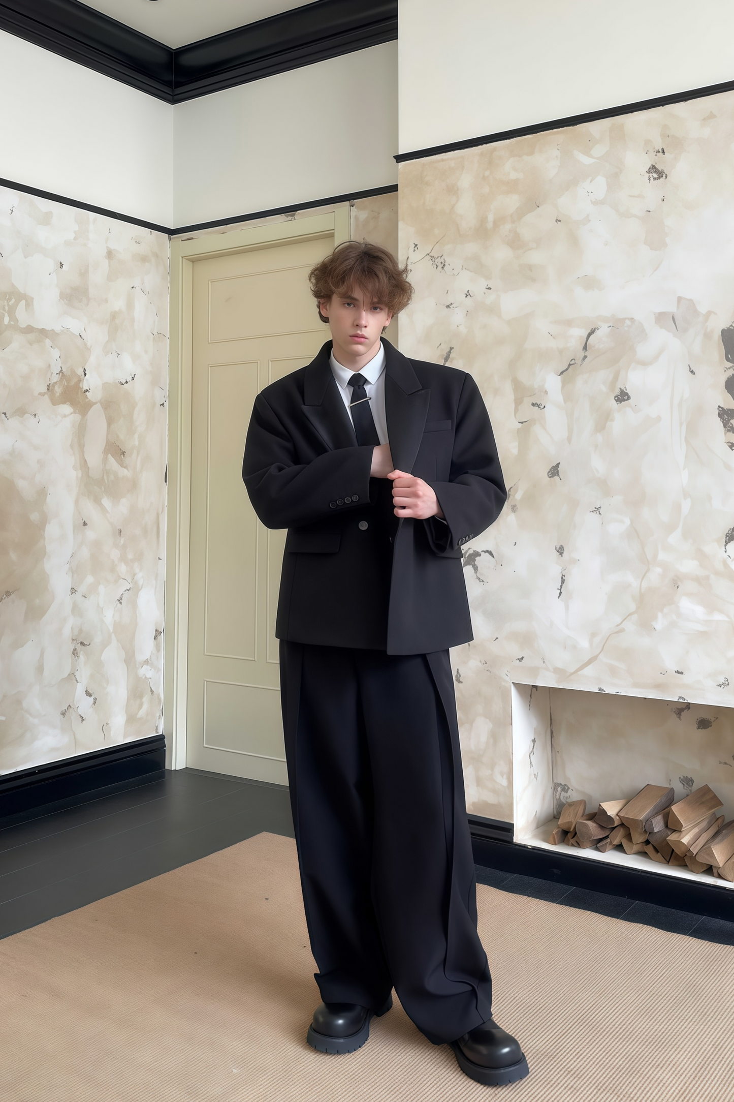 Thaddeus black peak-lapel single-breasted blazer