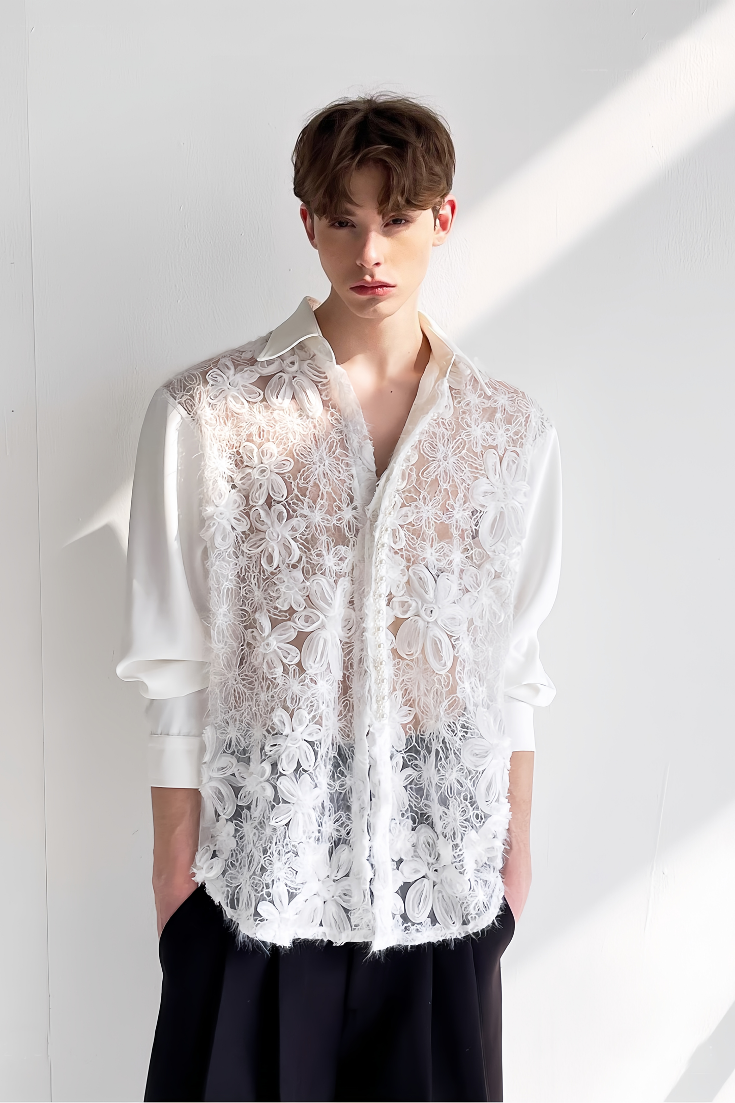 Eden white floral faux-pearl embellishment shirt