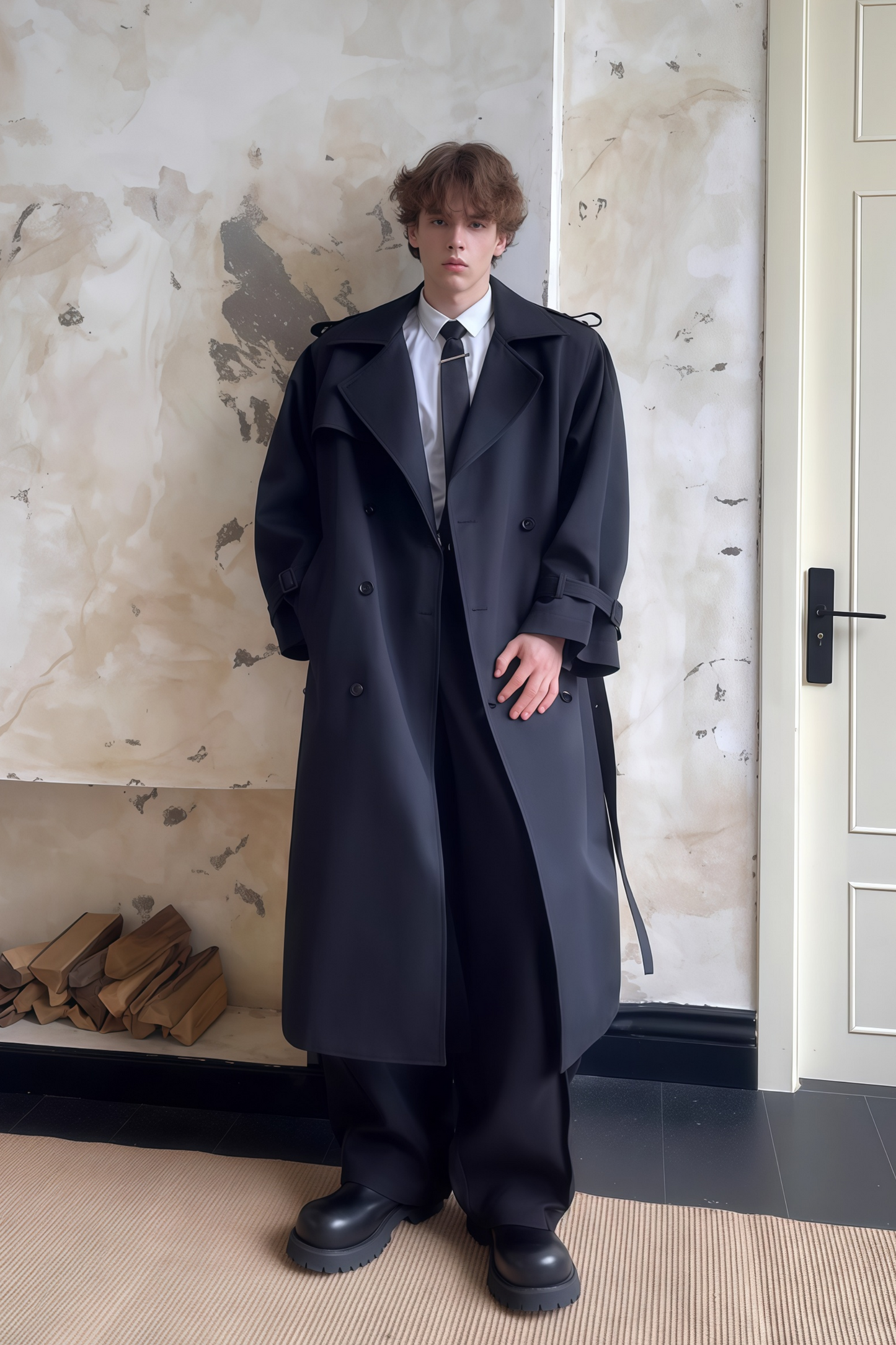 Jean black double-breasted trench coat