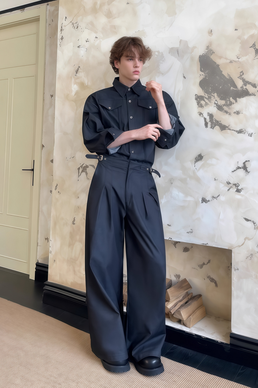 Ellis black denim shirt & trousers matching set