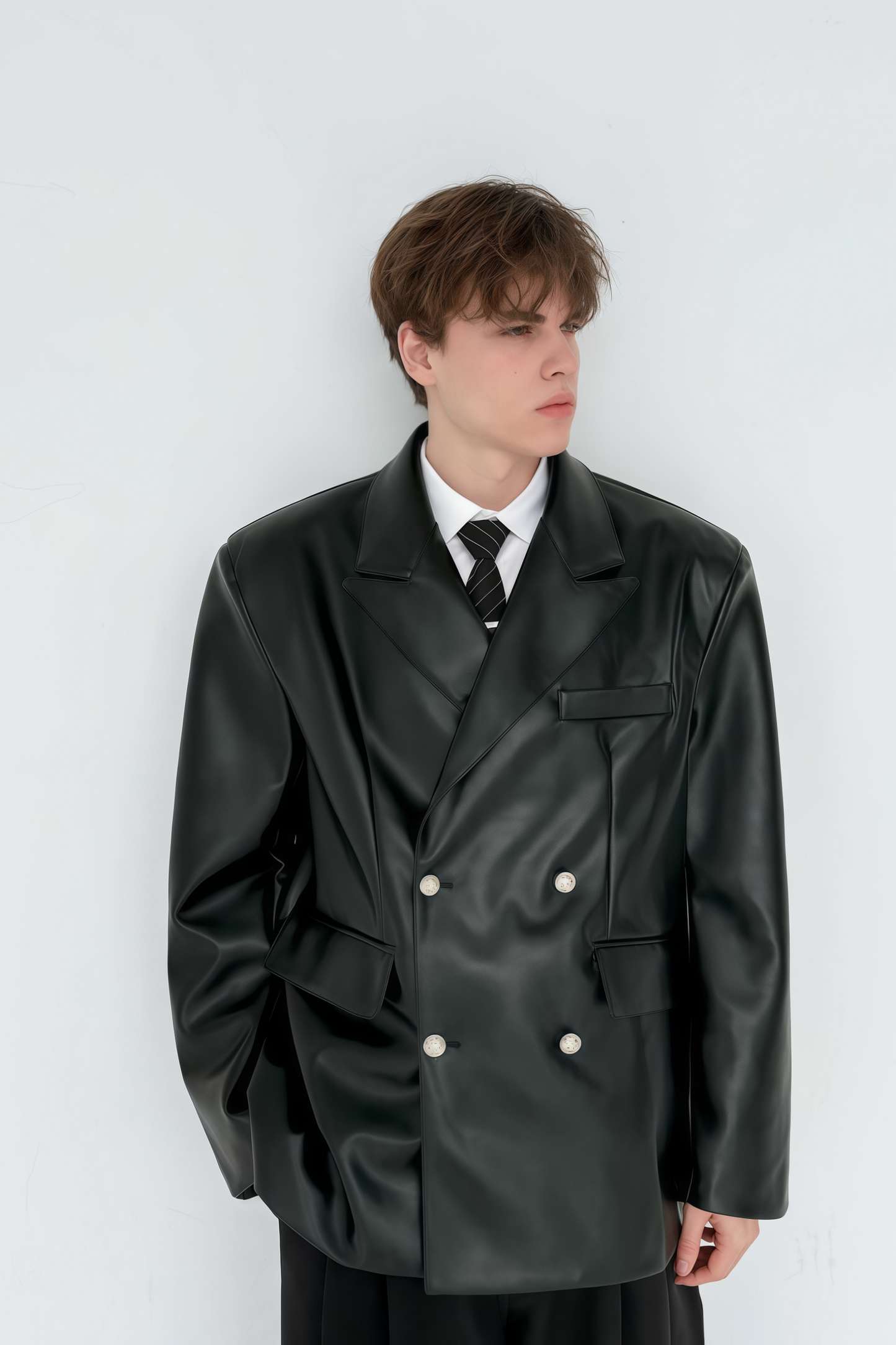 Elio black double-breasted leather jacket