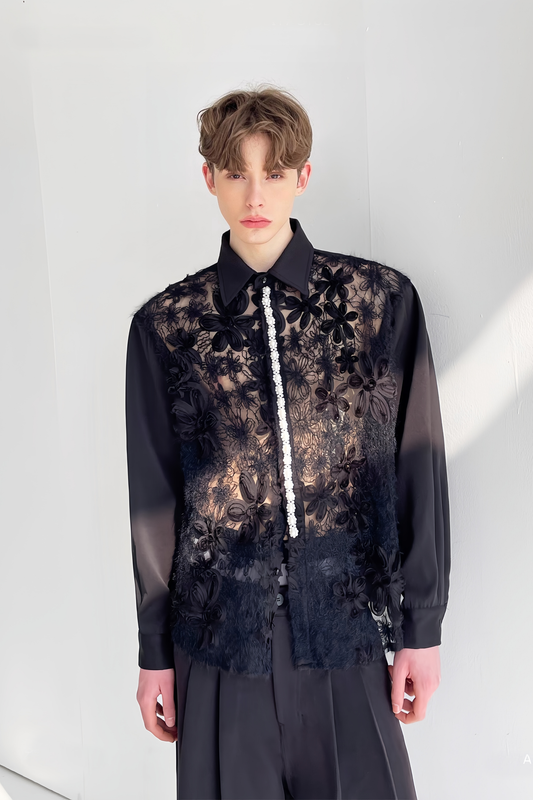 Eden black floral aux-pearl embellishment shirt