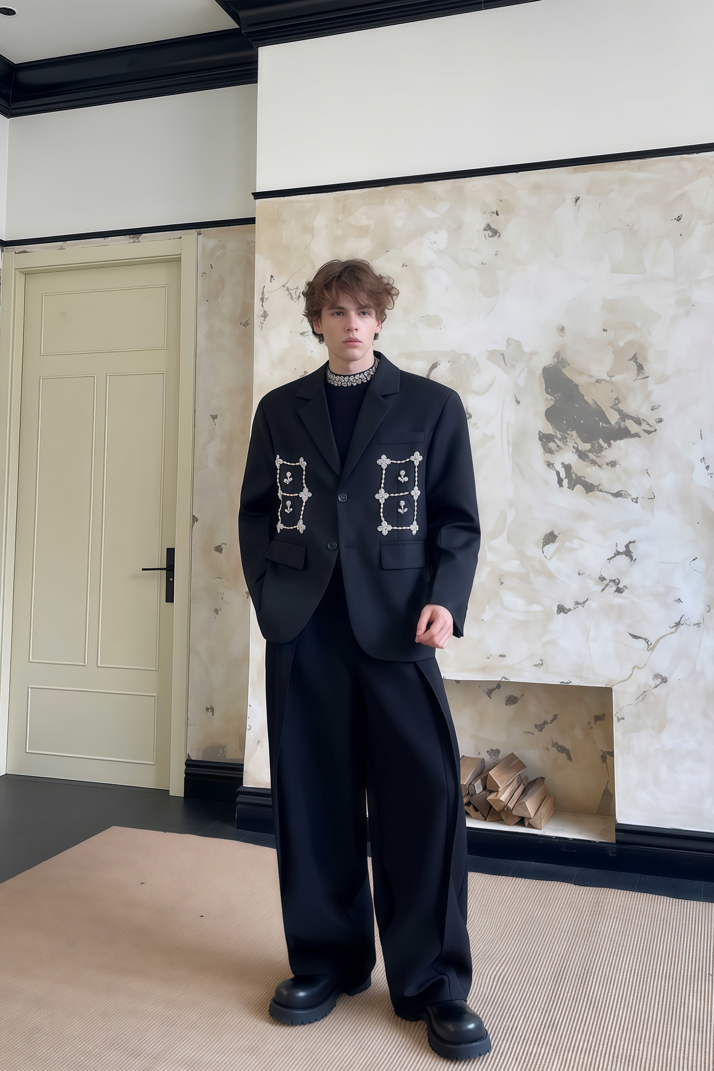 Caspian black faux-pearl embellished blazer