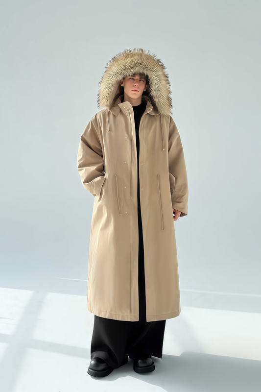 معطف طويل من Armand باللون الكاكي مع حواف من الفرو الصناعي