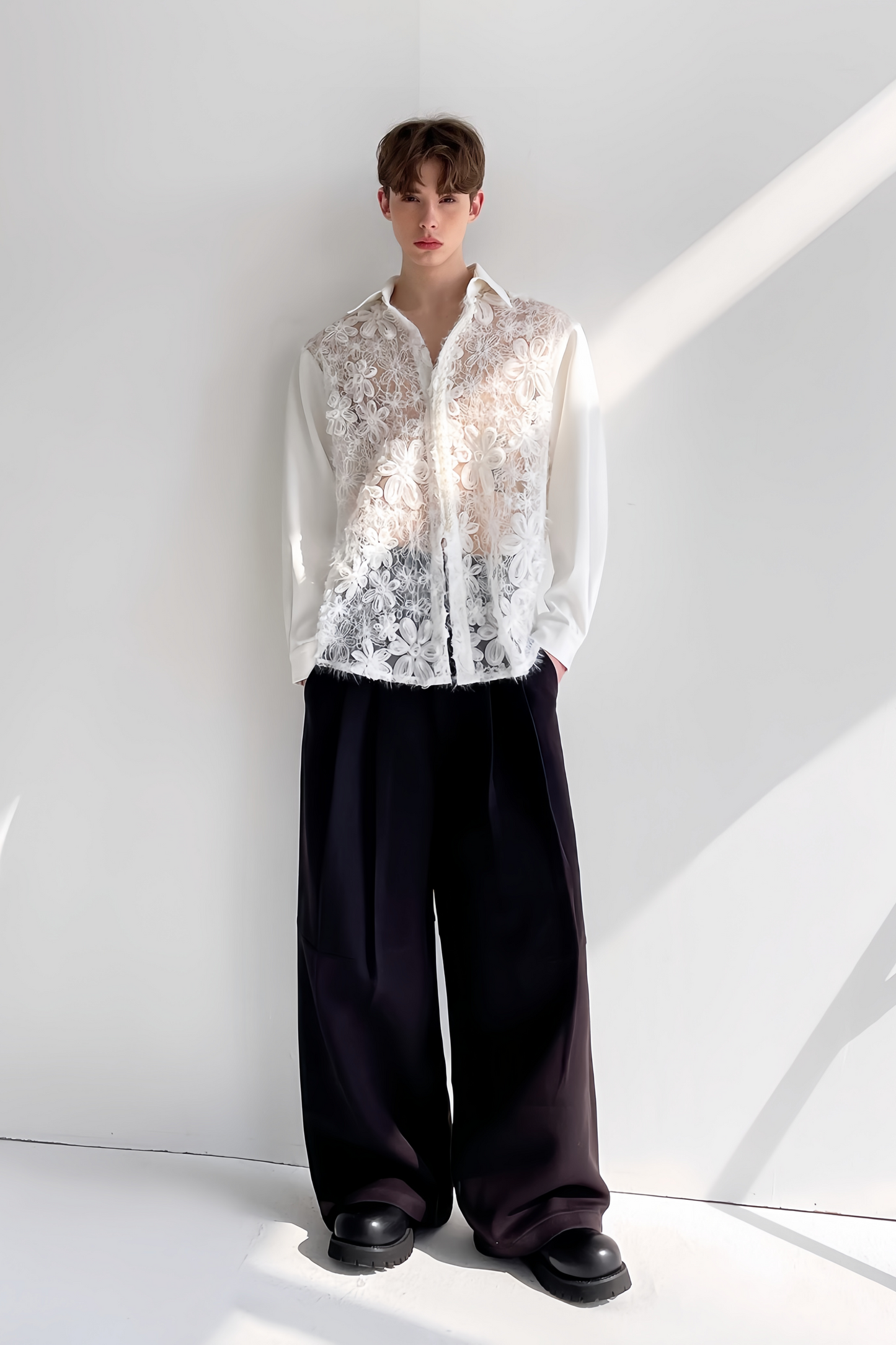 Eden white floral faux-pearl embellishment shirt