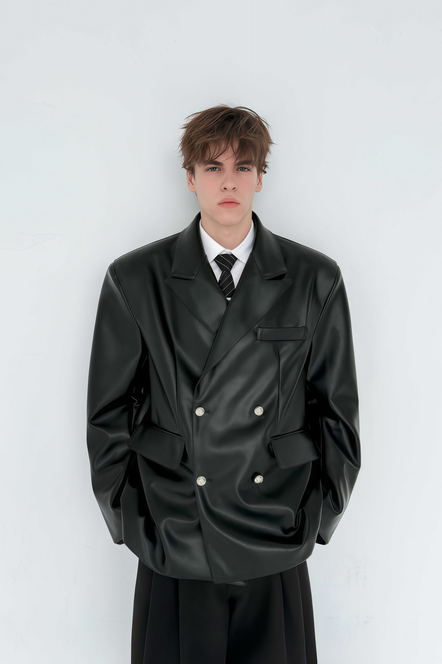 Elio black double-breasted leather jacket
