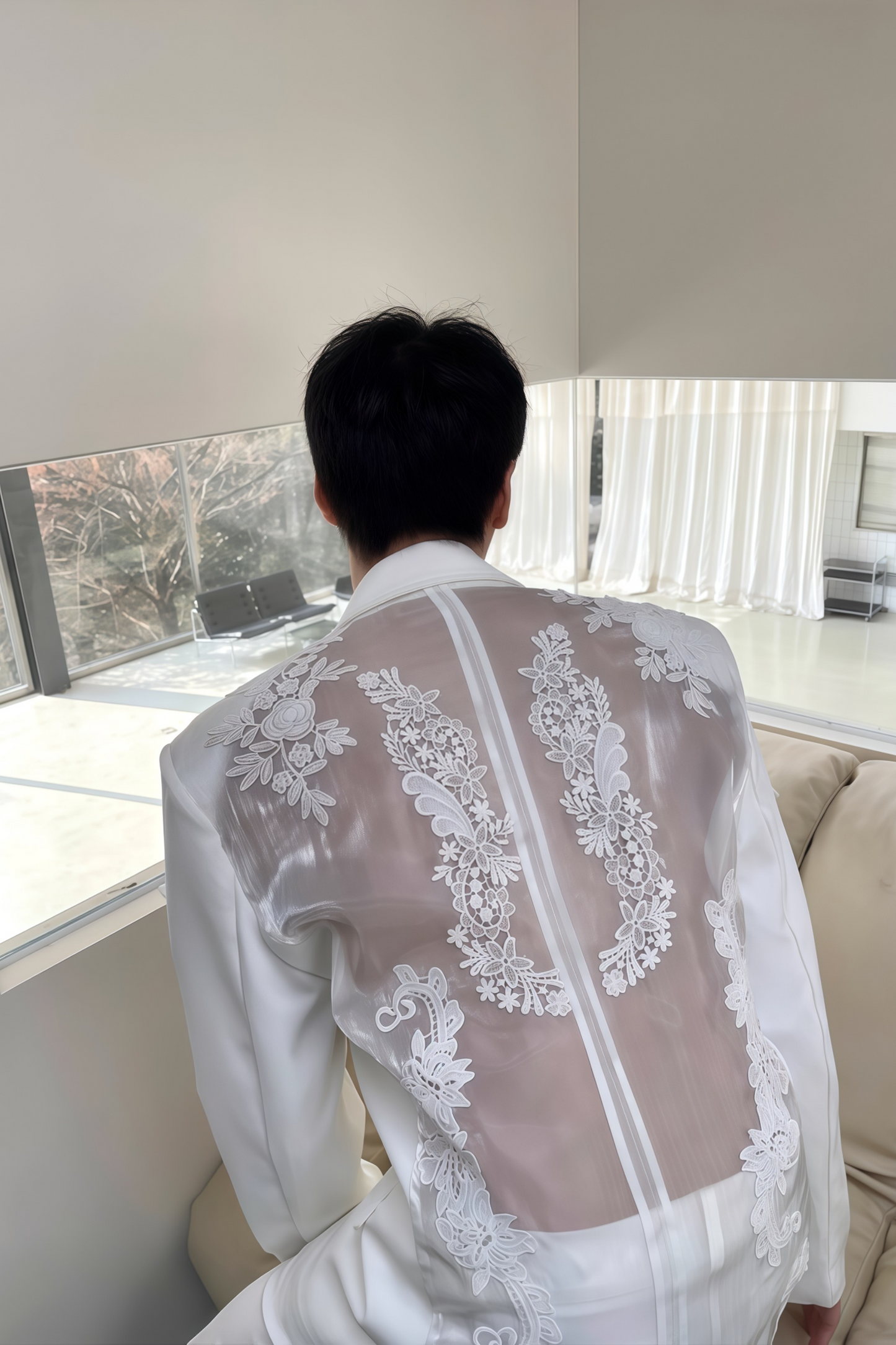 Jules white embroidery mesh suit