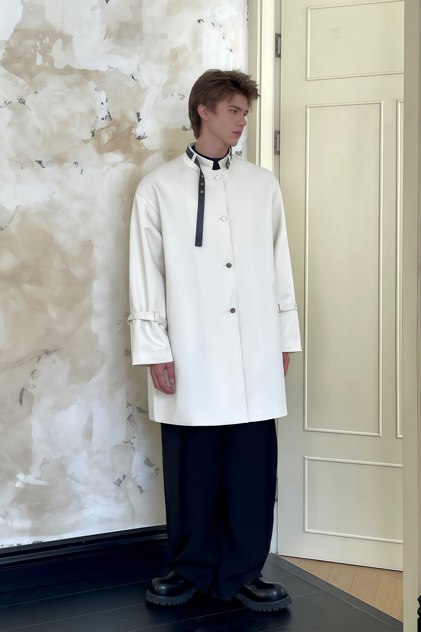 Raphaël white belt-buckle-detail midi coat