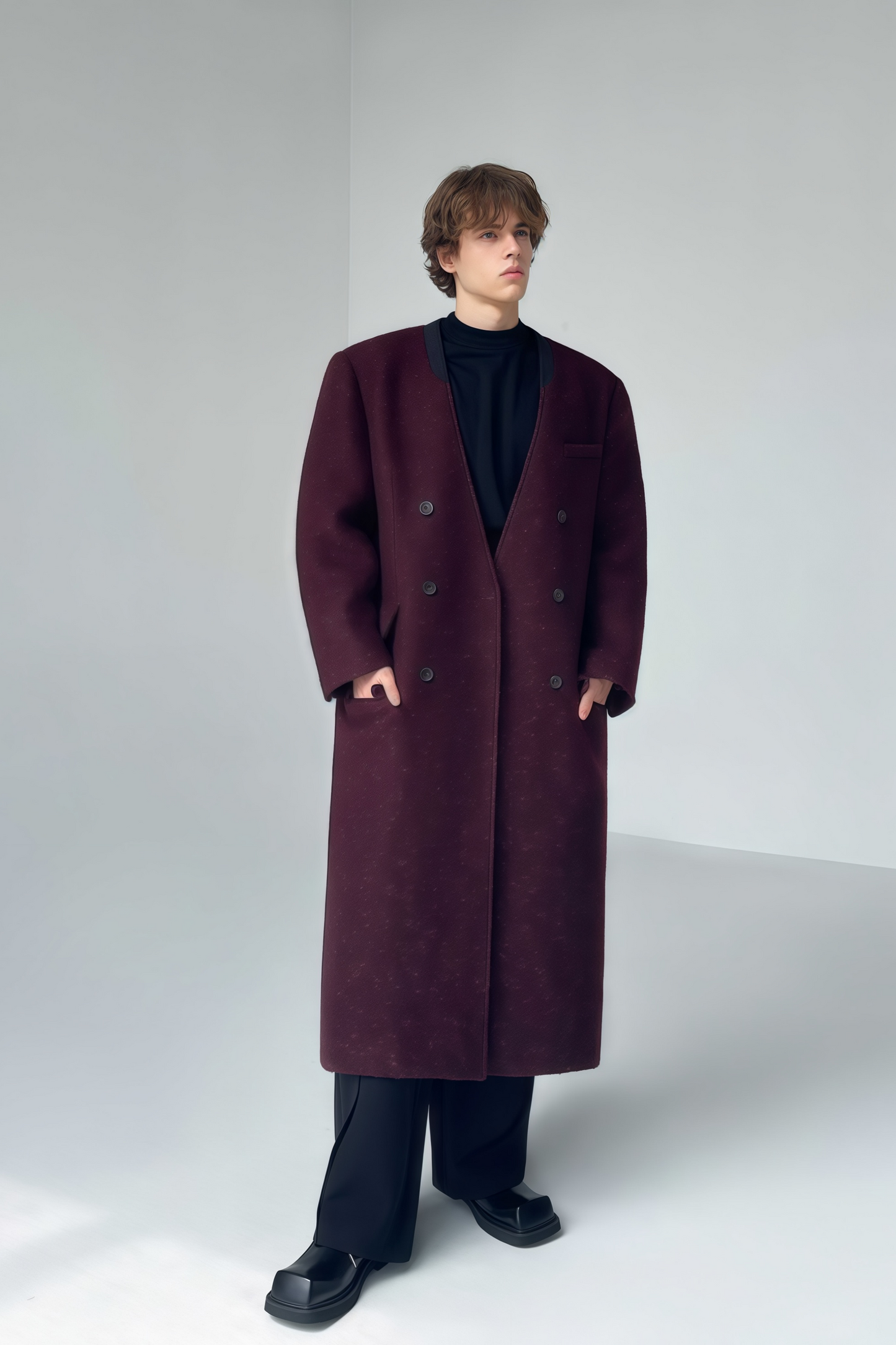 Elias wine-red collarless maxi coat