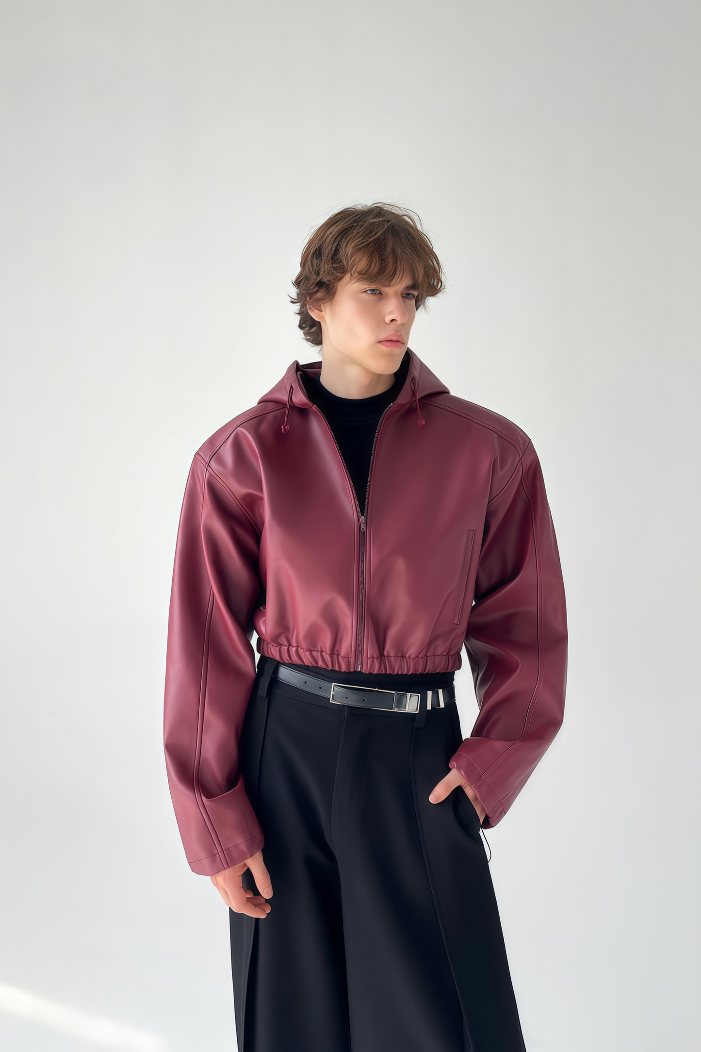 Drake wine-red cropped leather jacket