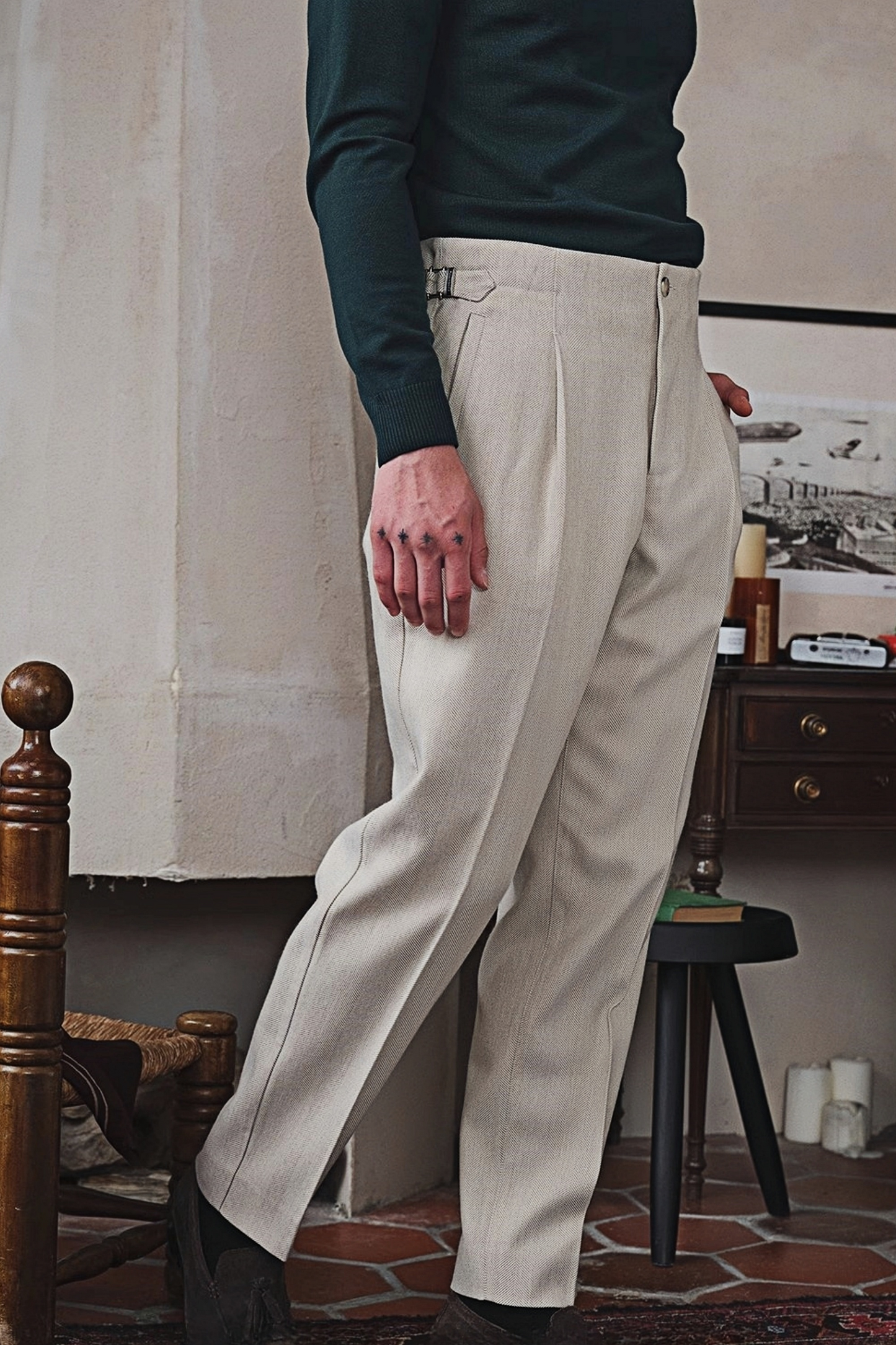James ivory white herringbone-pattern trousers