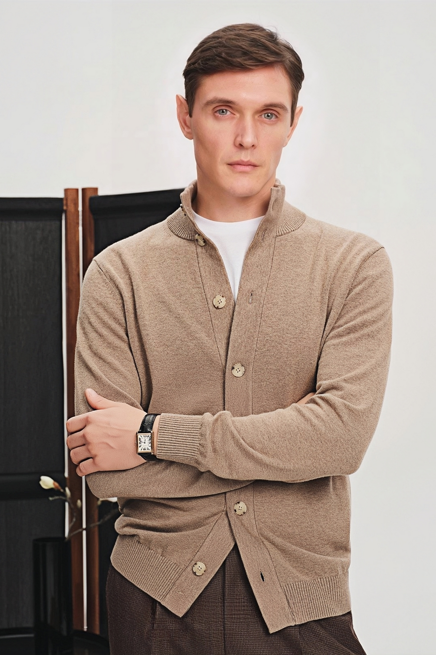 Jasper brown standing-collar knitted jacket