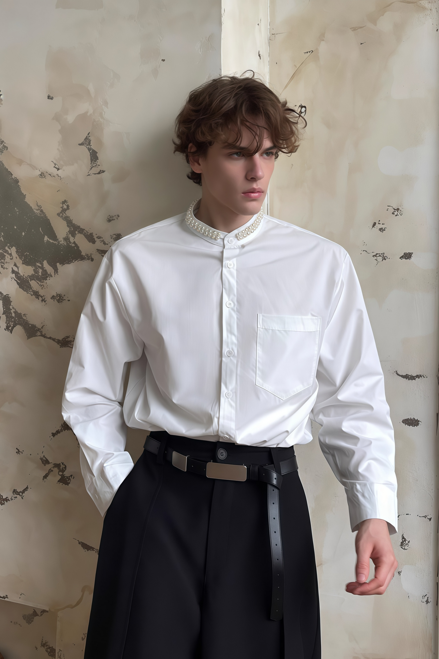 قميص أبيض مزين باللؤلؤ الصناعي من Adrian