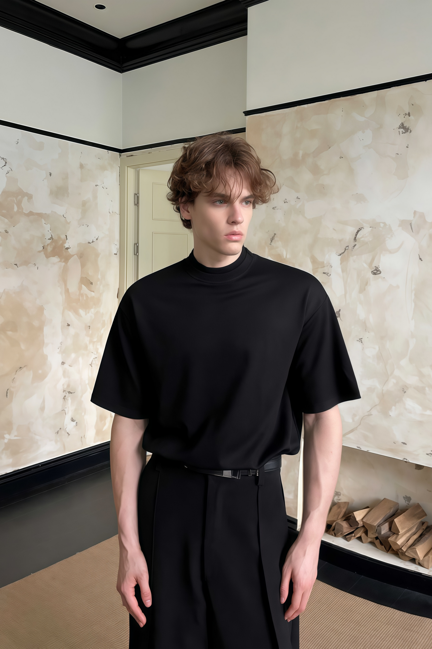 تي شيرت أسود بياقة مزدوجة من Yves