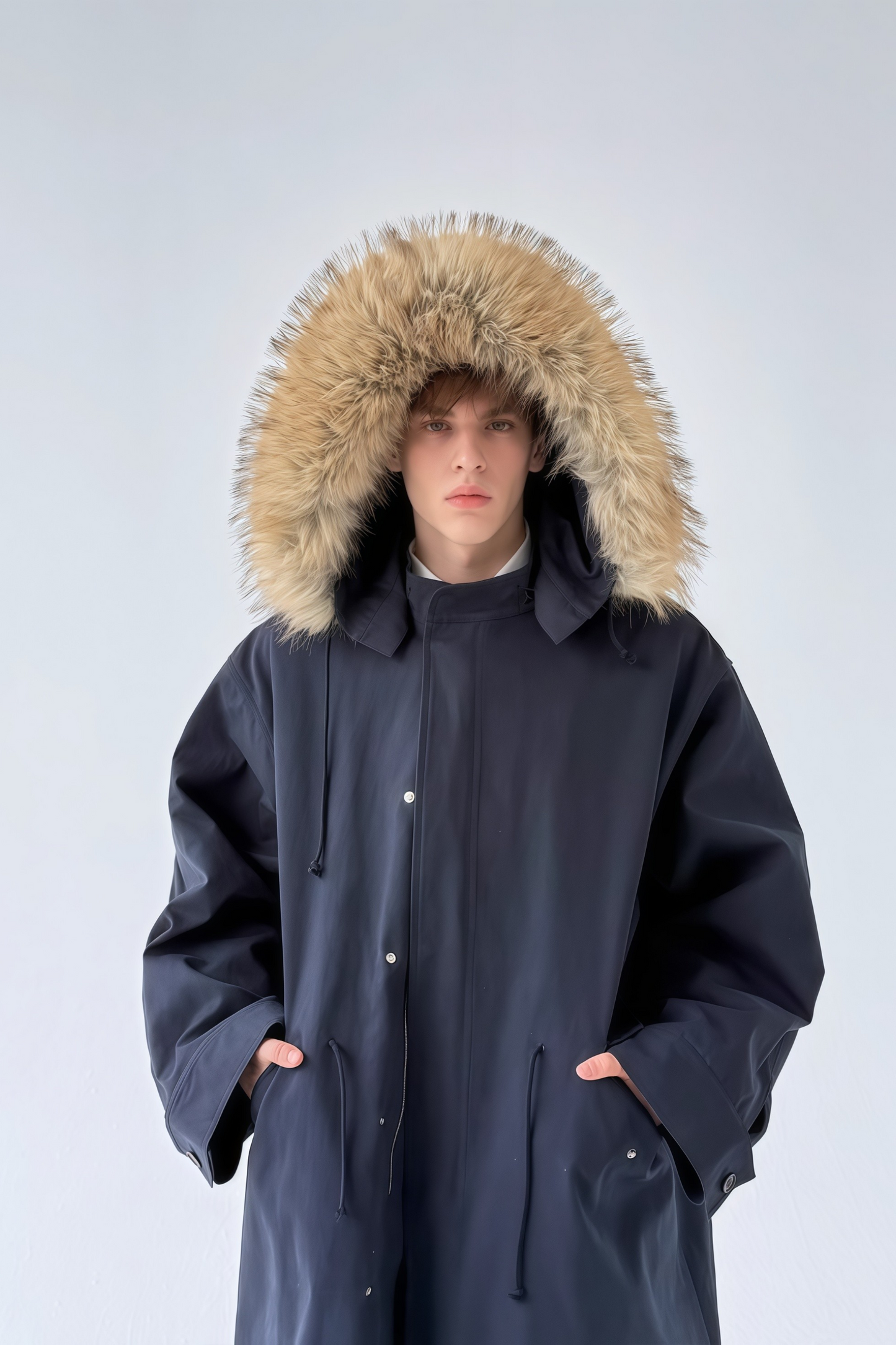 معطف طويل من Armand بزخارف من الفرو الصناعي باللون الأزرق