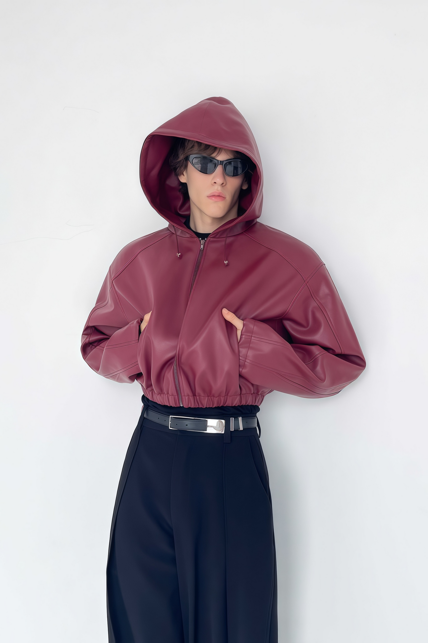 Drake wine-red cropped leather jacket