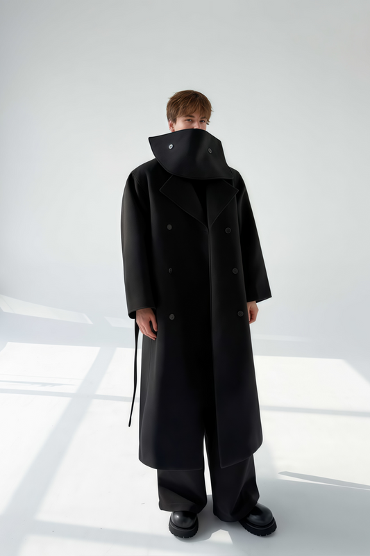 Eugene black detachable-scarf maxi coat