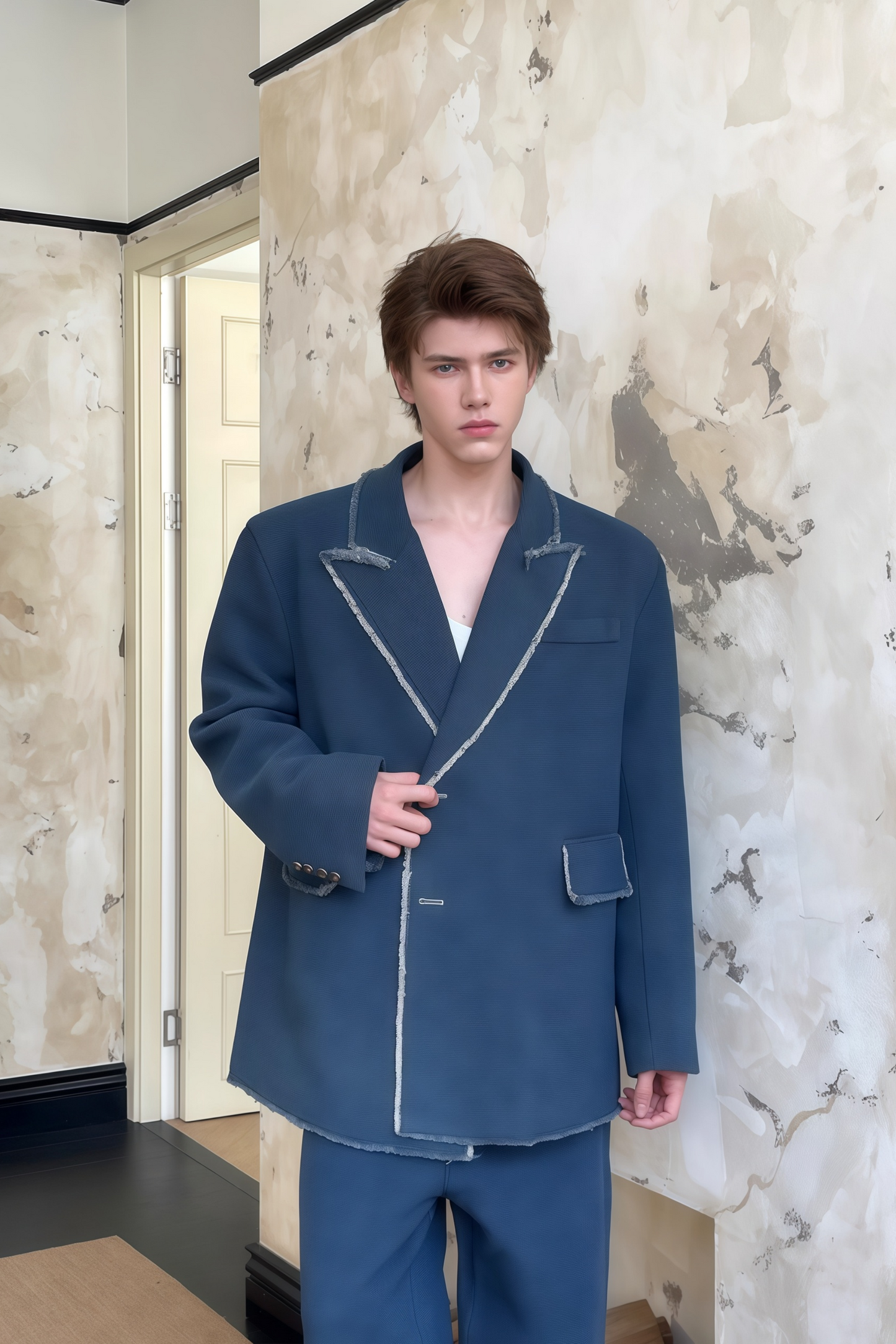 Theon blue frayed-detailing washed denim blazer