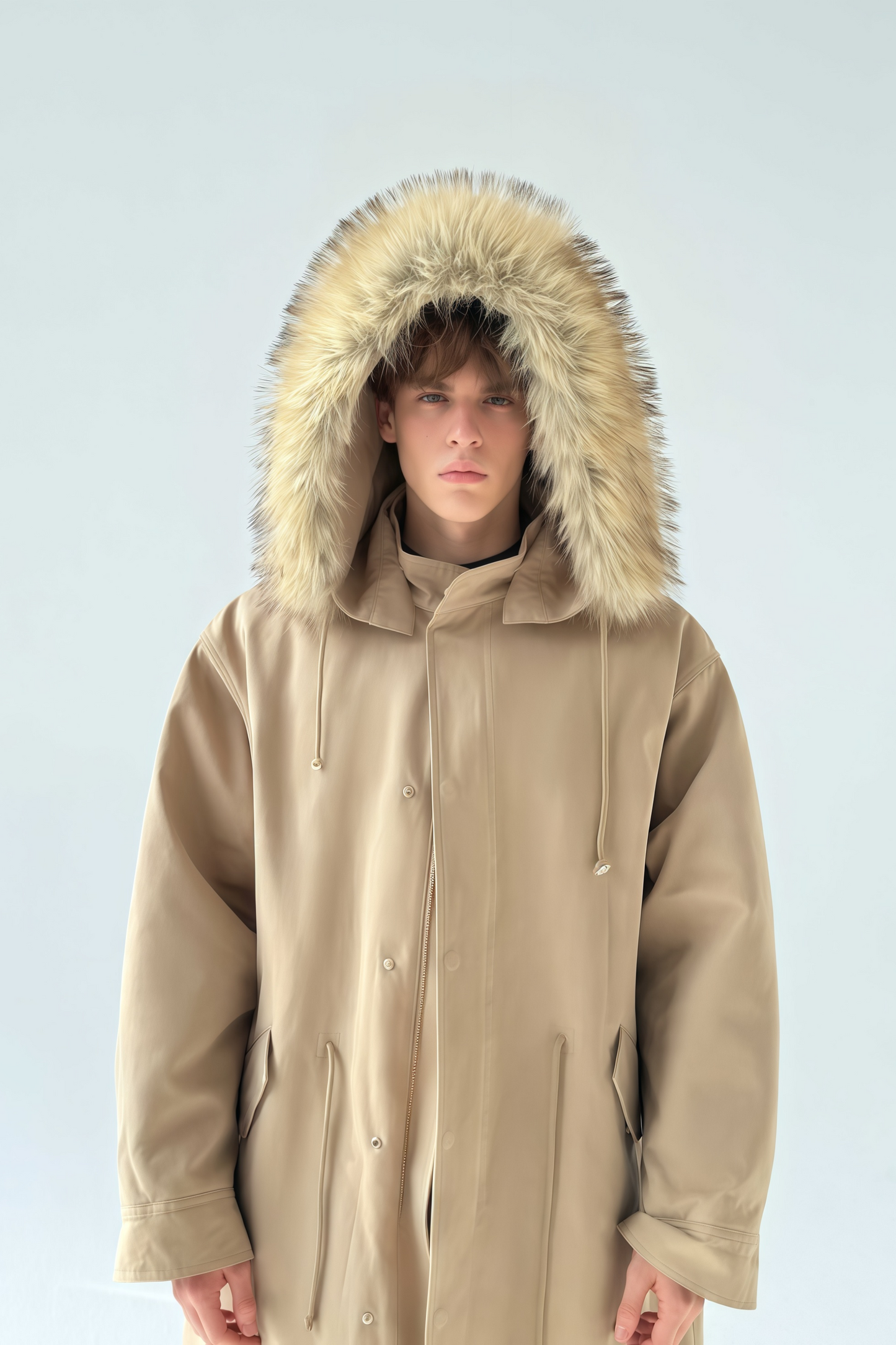 معطف طويل من Armand باللون الكاكي مع حواف من الفرو الصناعي