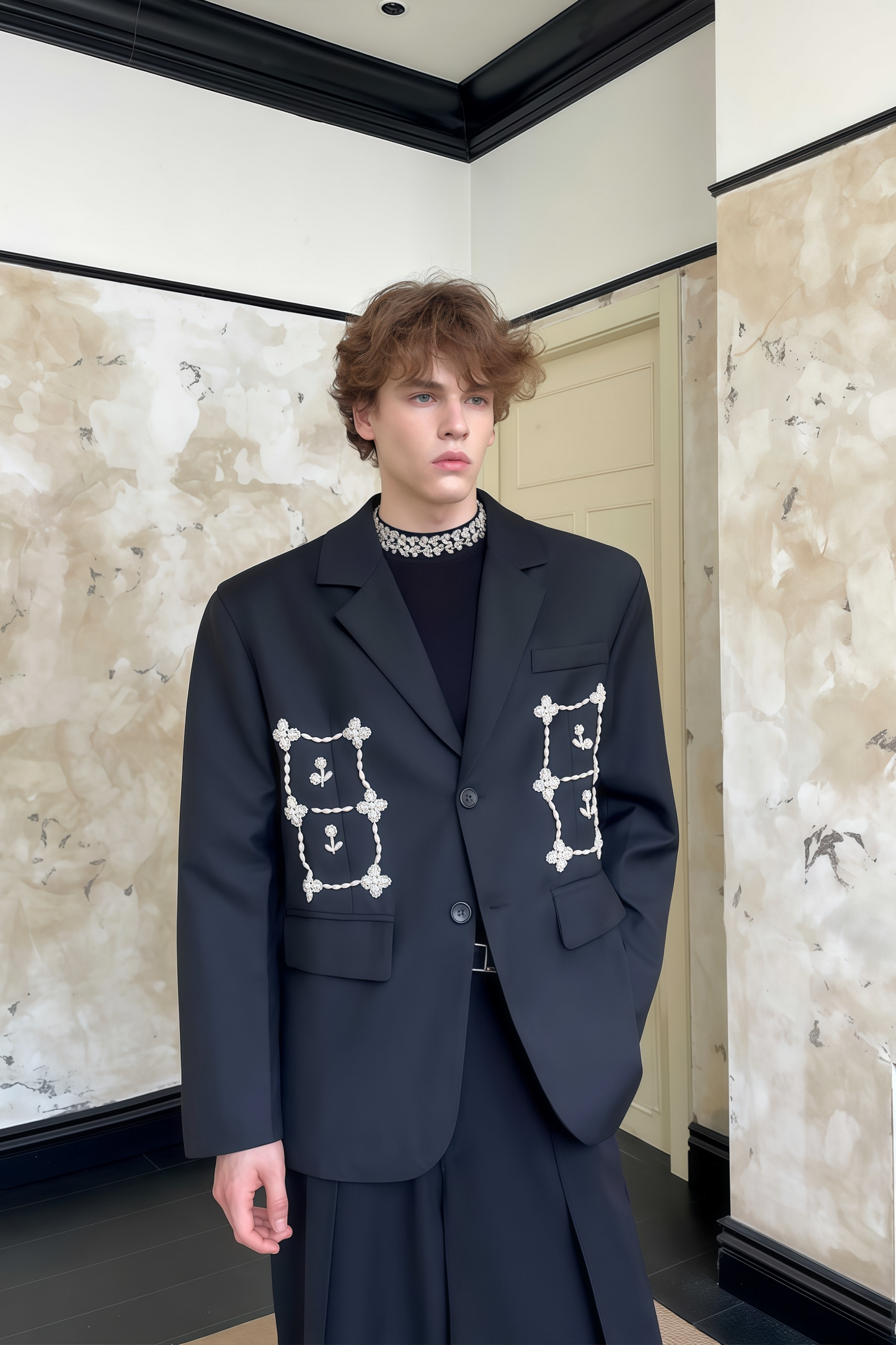 Caspian black faux-pearl embellished blazer