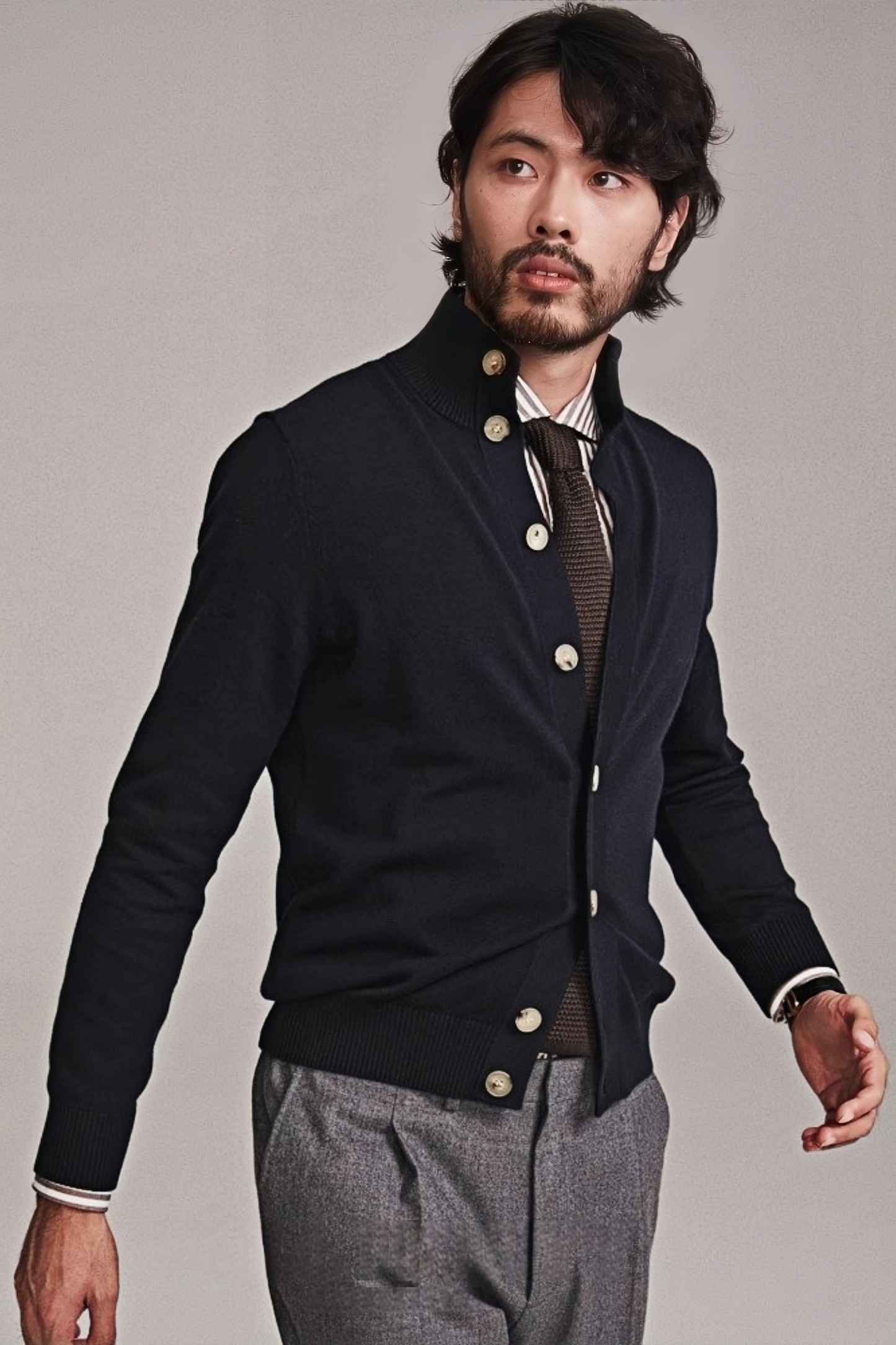 Jasper navy-blue standing-collar knitted jacket