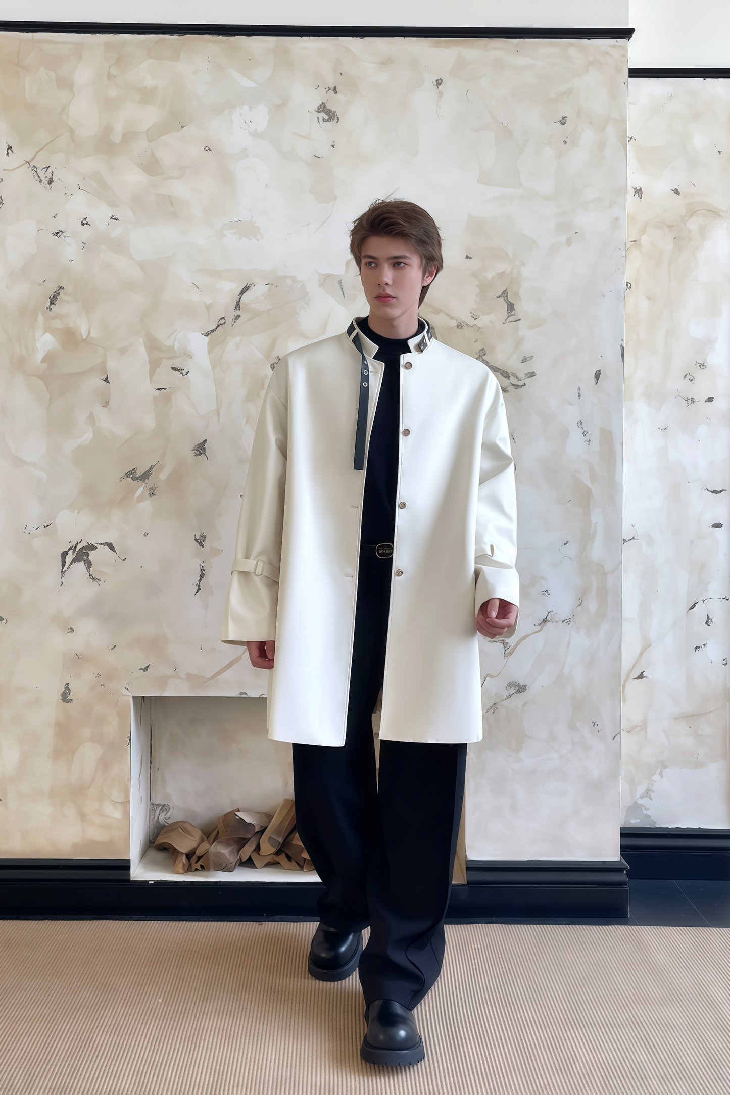 Raphaël white belt-buckle-detail midi coat