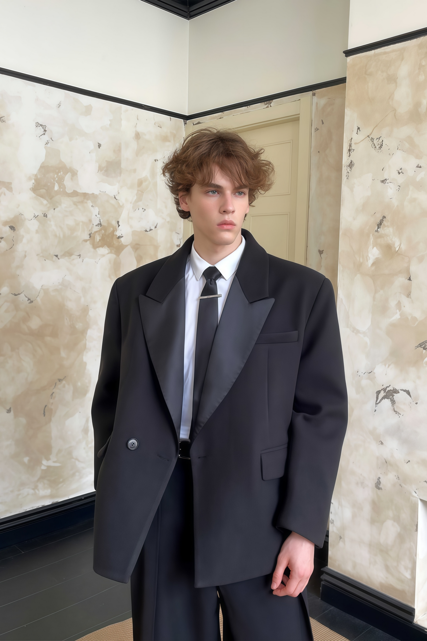 Thaddeus black peak-lapel single-breasted blazer