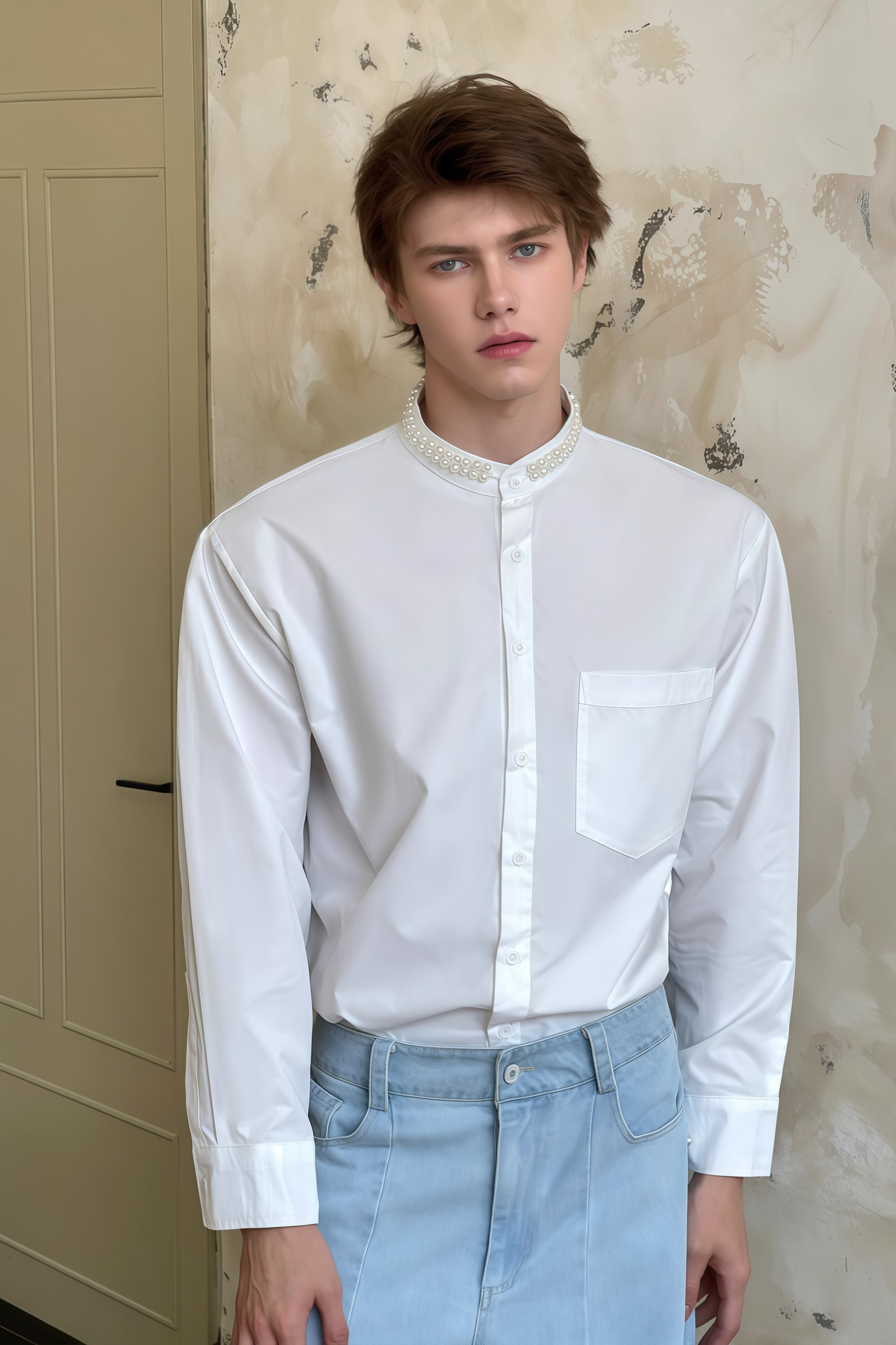 قميص أبيض مزين باللؤلؤ الصناعي من Adrian