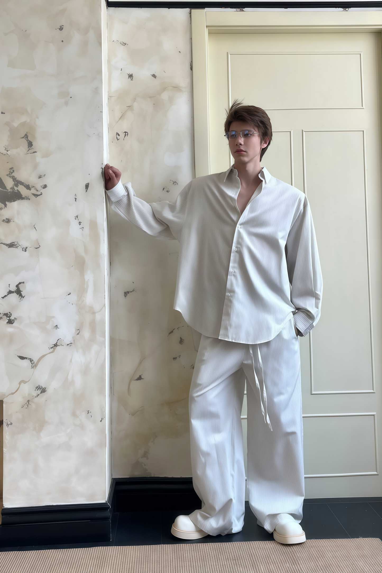 Cyrus white striped shirt & trousers matching set