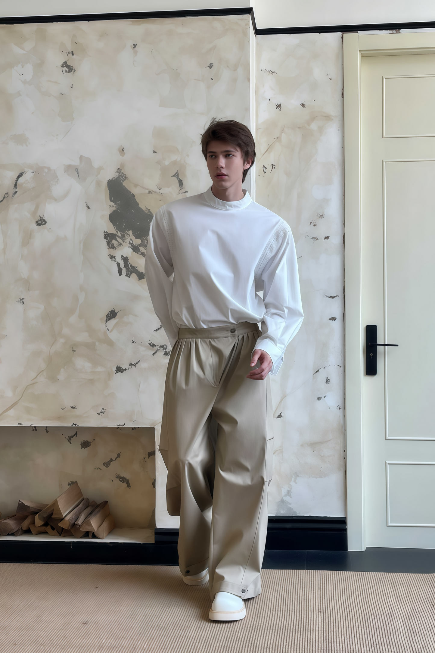 Pierre khaki pleated wide-leg trousers