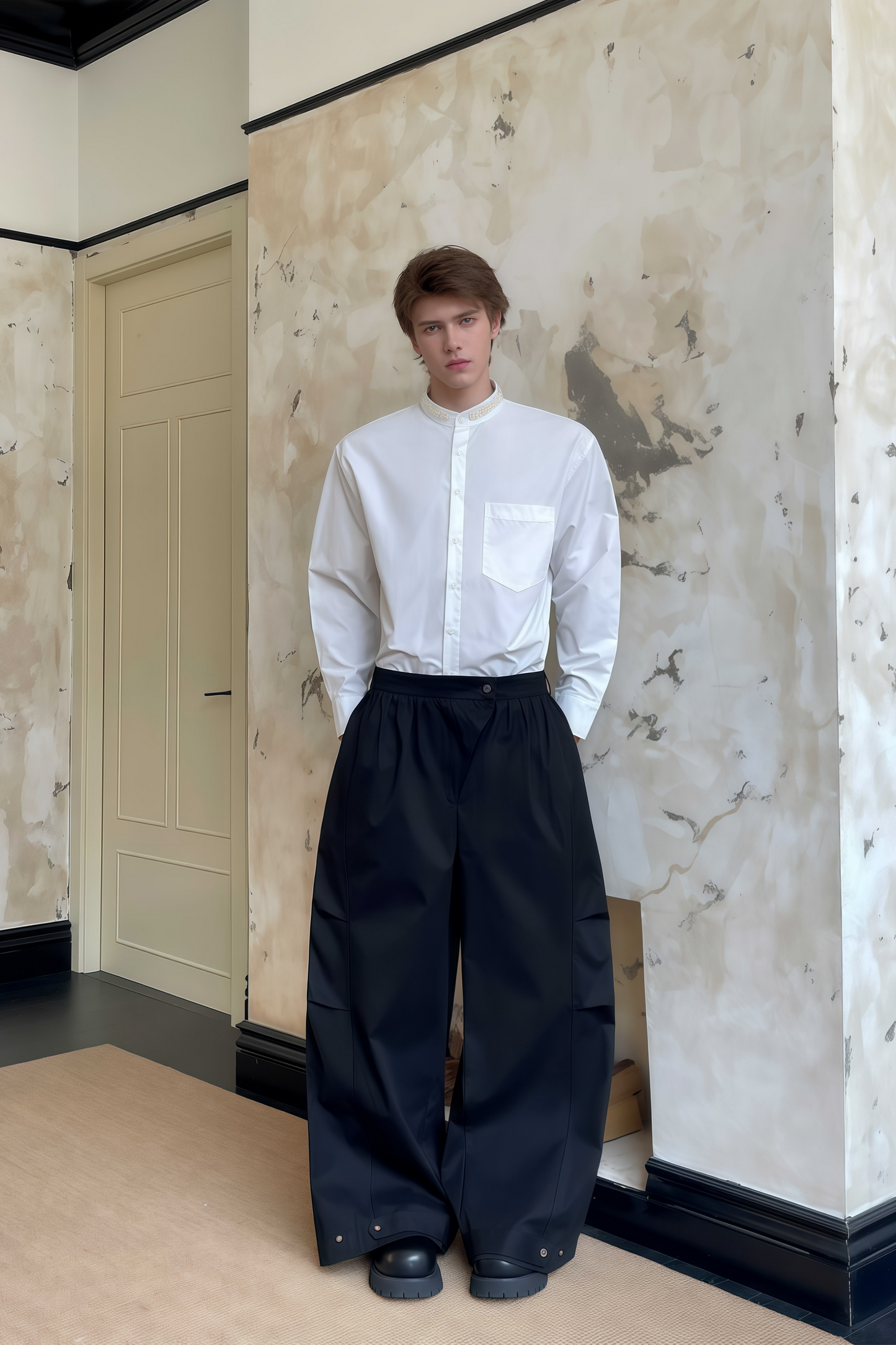 Pierre black pleated wide-leg trousers