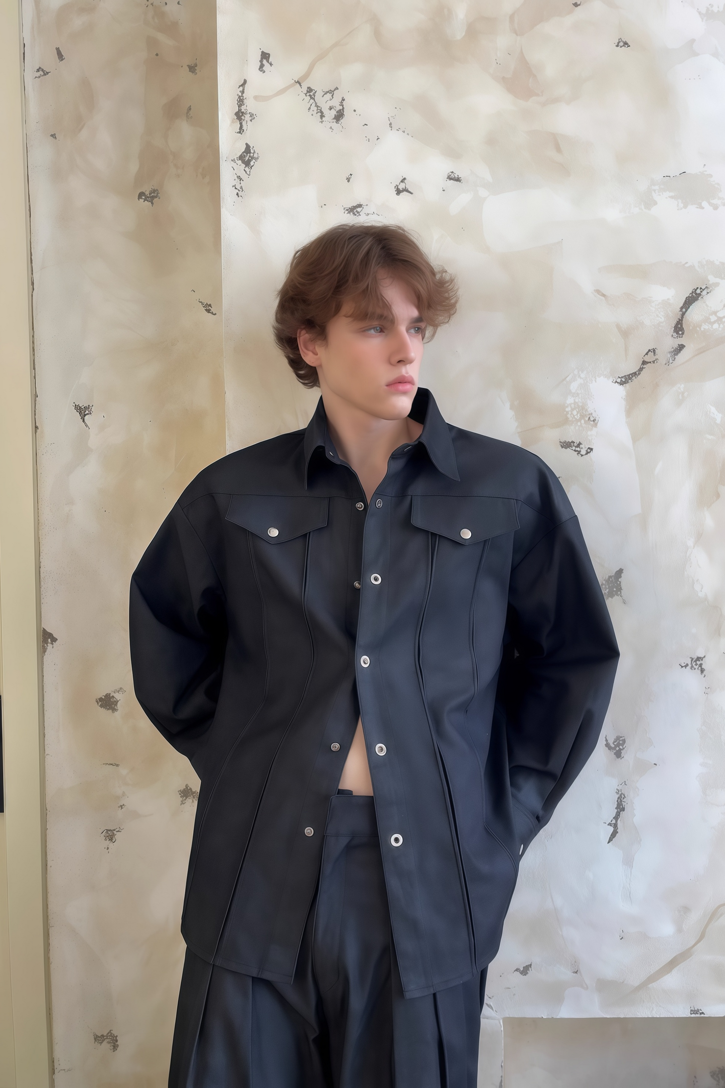 Ellis black denim shirt & trousers matching set