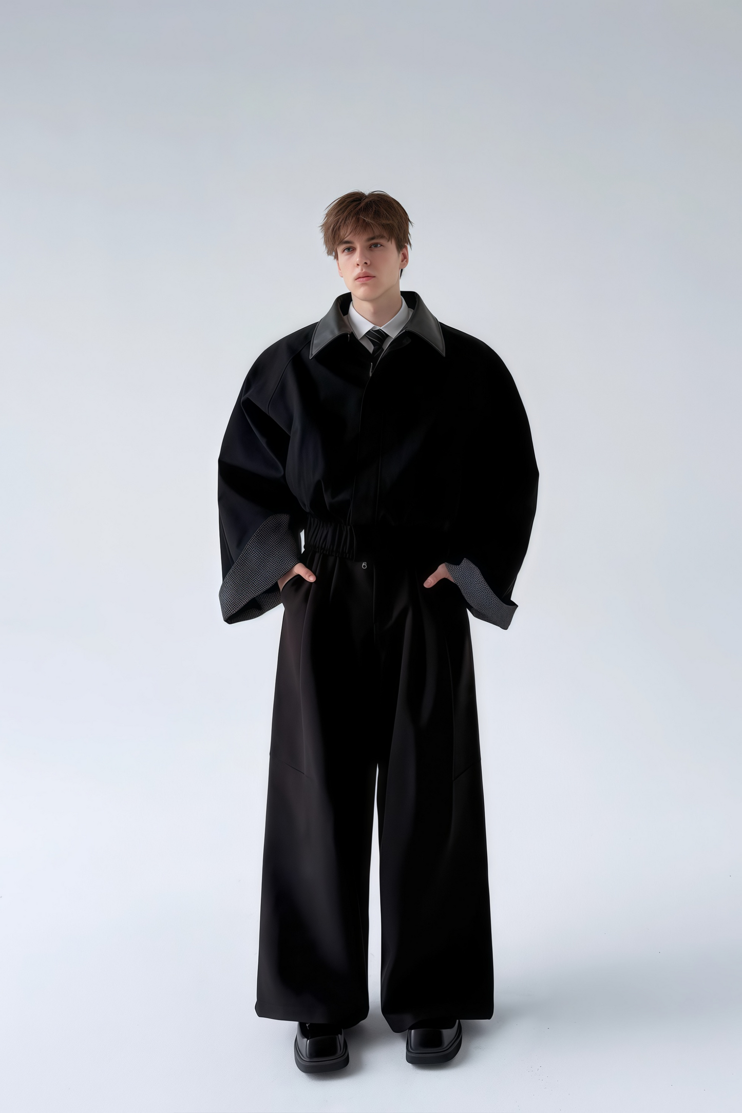 Ragnar black patchwork-collar large-cuff cropped jacket